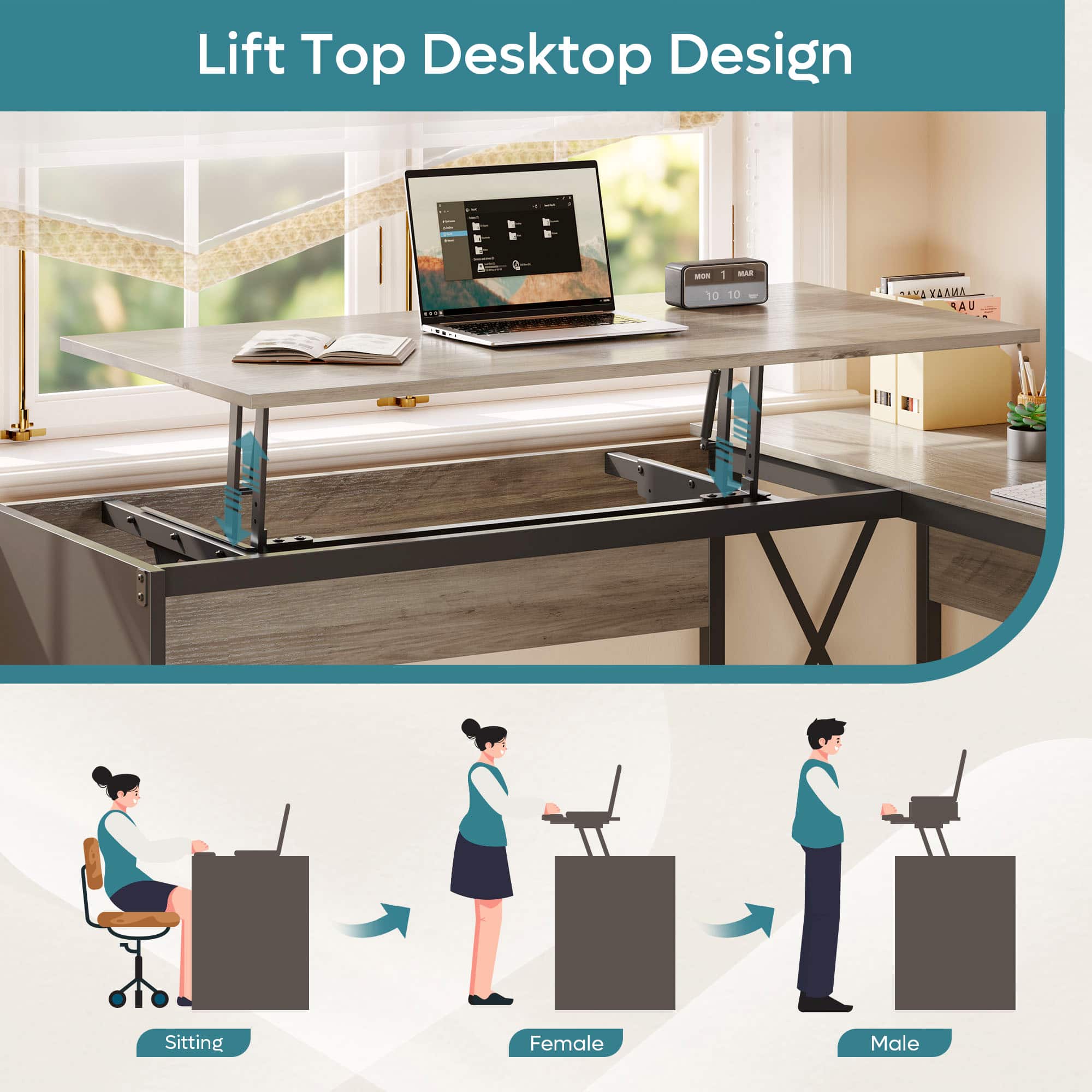 Lift Top Desktop Design - A woman sitting at a desk with a laptop and a mouse.