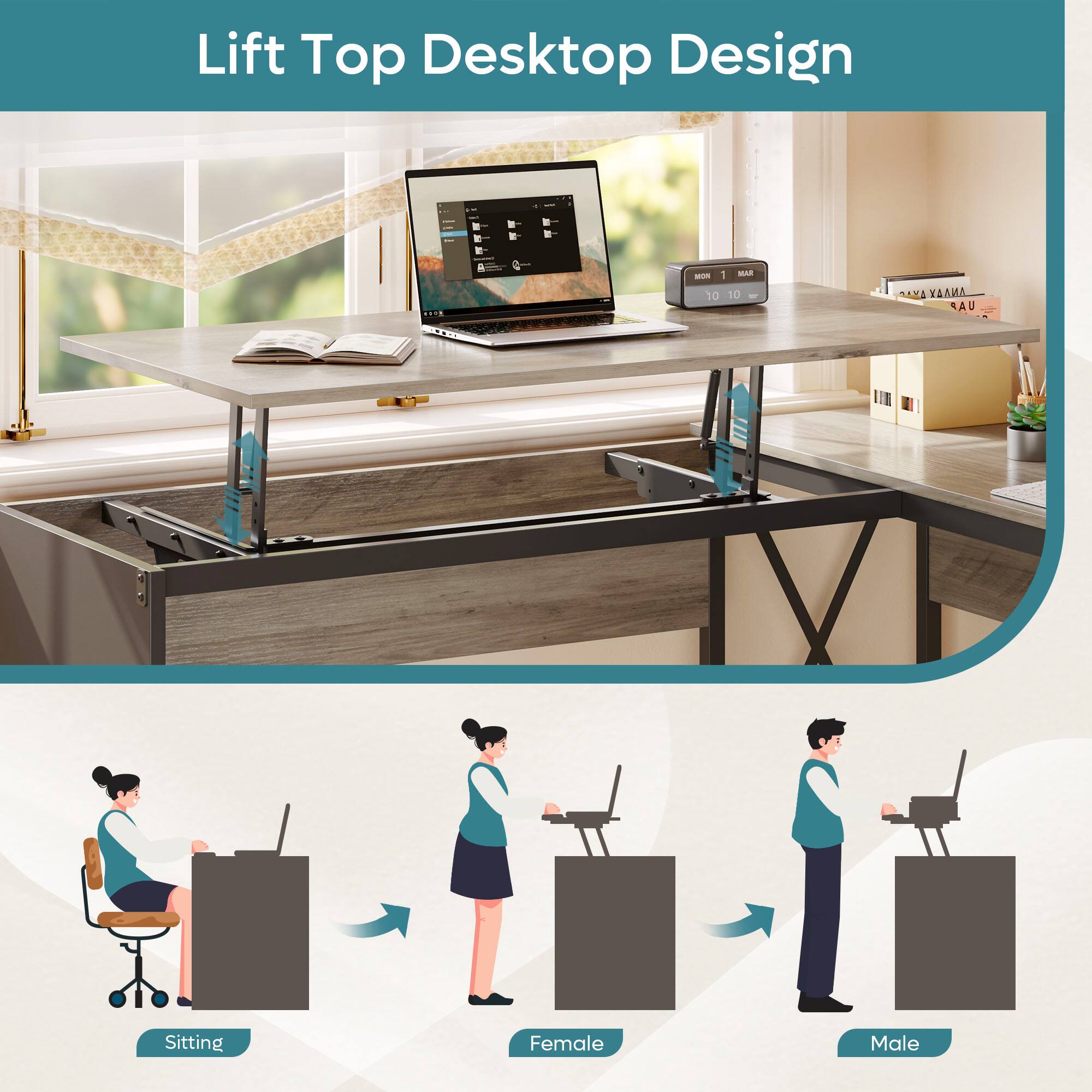 Lift Top Desktop Design - A woman sitting at a desk with a laptop and a mouse.