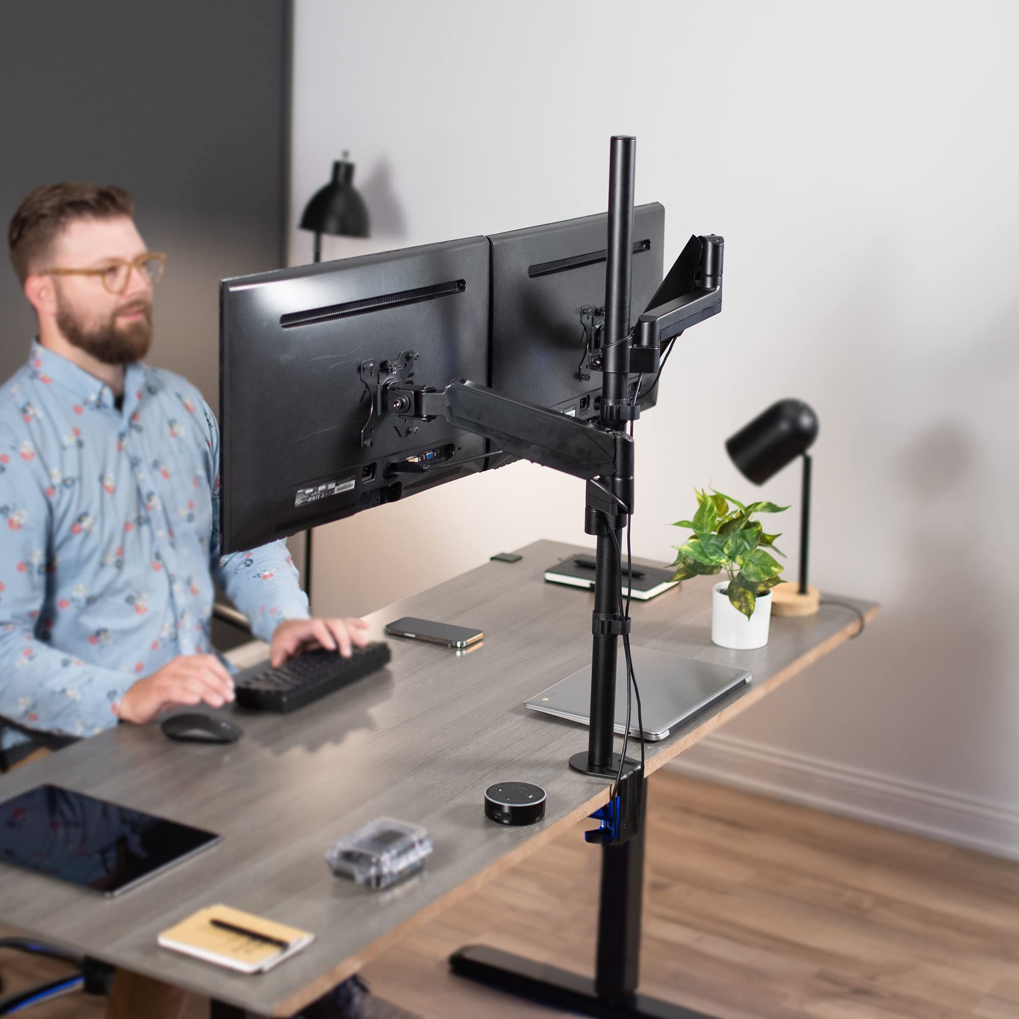 Alt View 6. Earthley Blooms - Dual Monitor Arm Extra Tall Mount Screens Up 32 Inches Pneumatic Height Adjustment Full Articulating Heavy - Black.