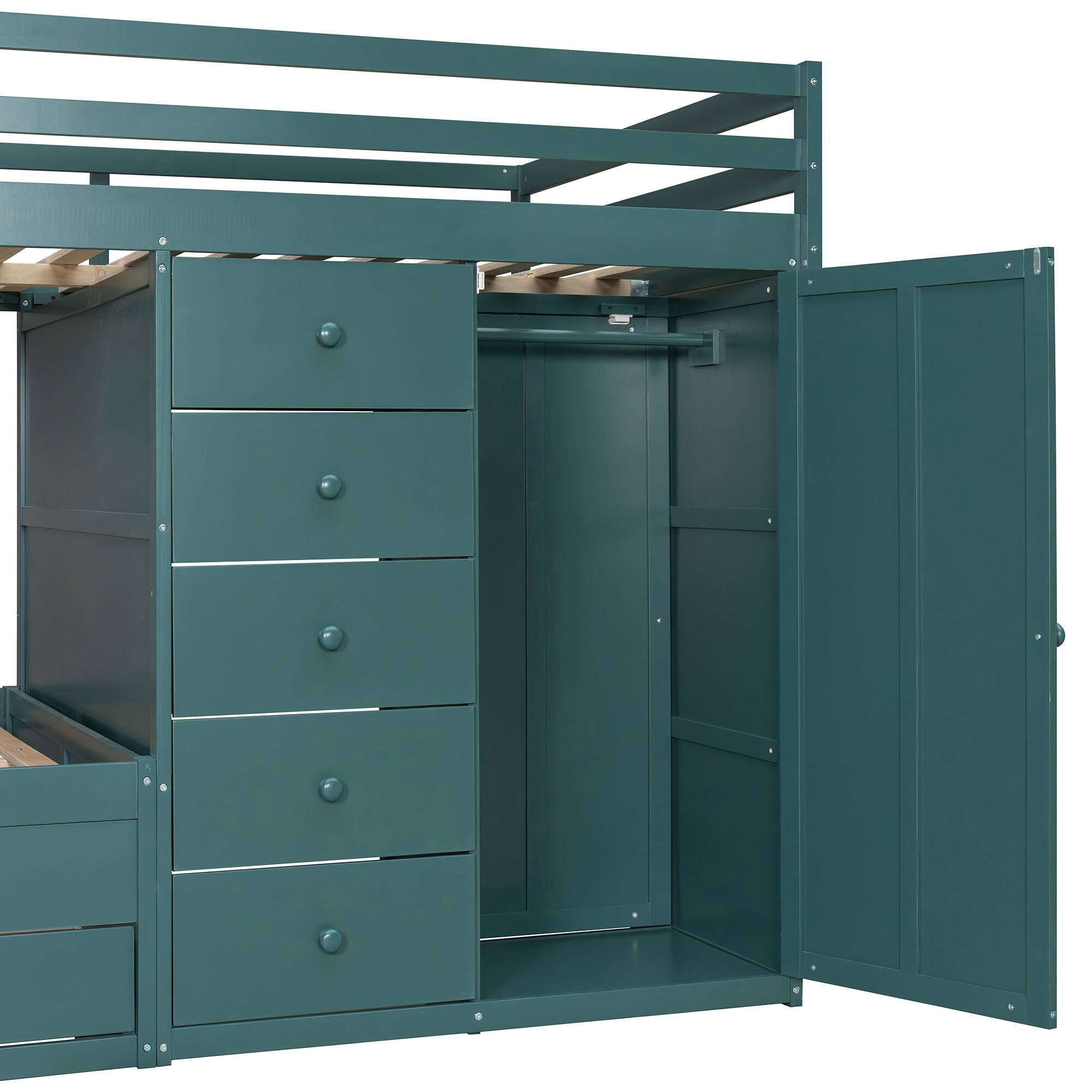 Alt View 5. Anysun - Full Size Bunk Bed with Multiple Drawers & Wardrobe - MDF & Solid Wood Construction, Modern Storage Design - Green.