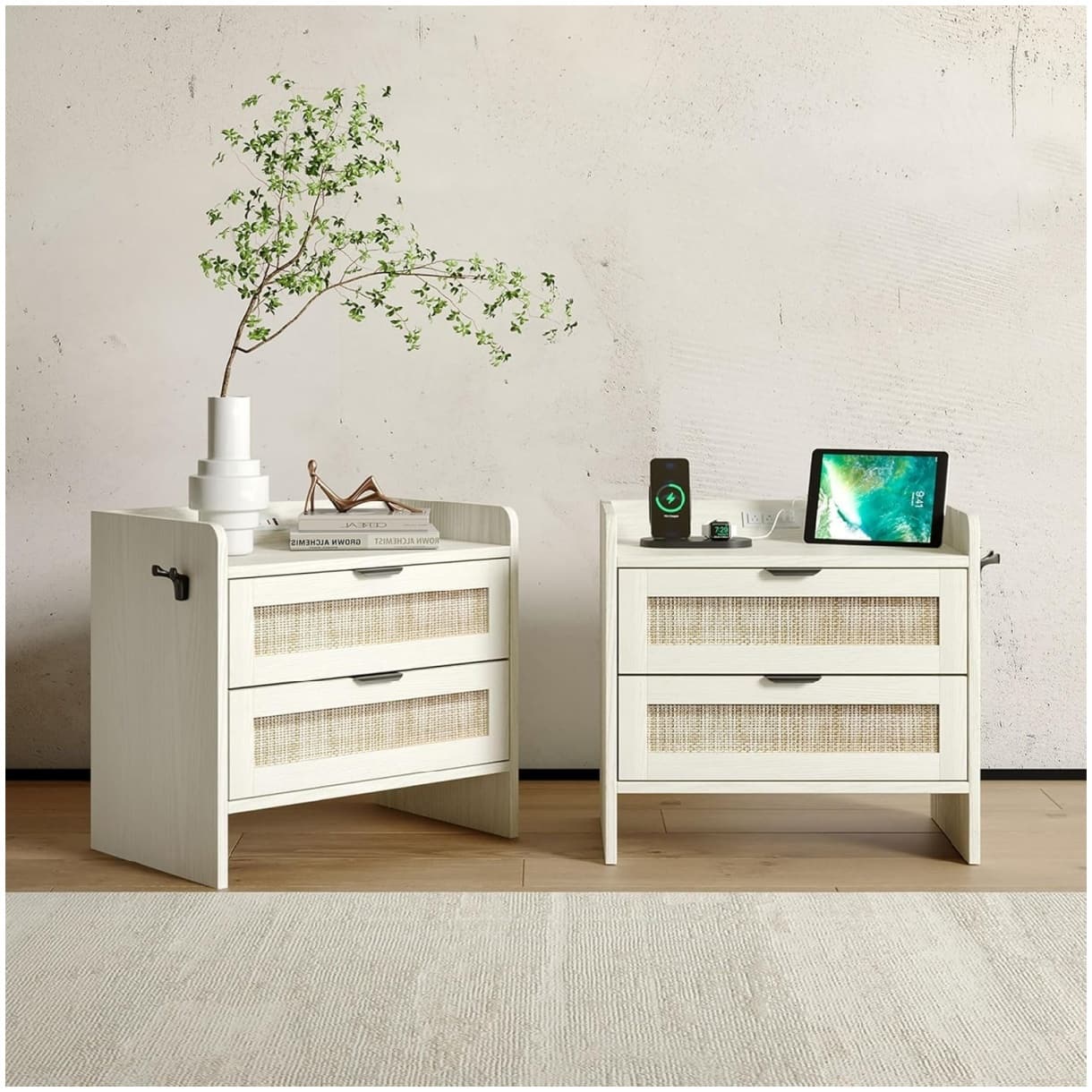 GARVEE - Rattan Nightstand Set of 2, Bedside Table with Type-C Charging Station - 2 Storage Drawer Space - White