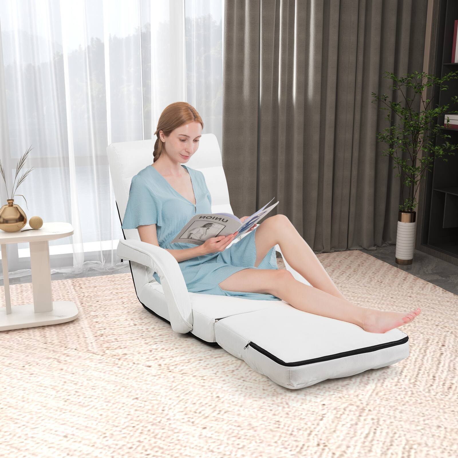 Alt View 1. Gymax - Gymax Folding Floor Chair Indoor Lazy Sofa Armchair w/ 6-Position Adjustable Backrest - White.