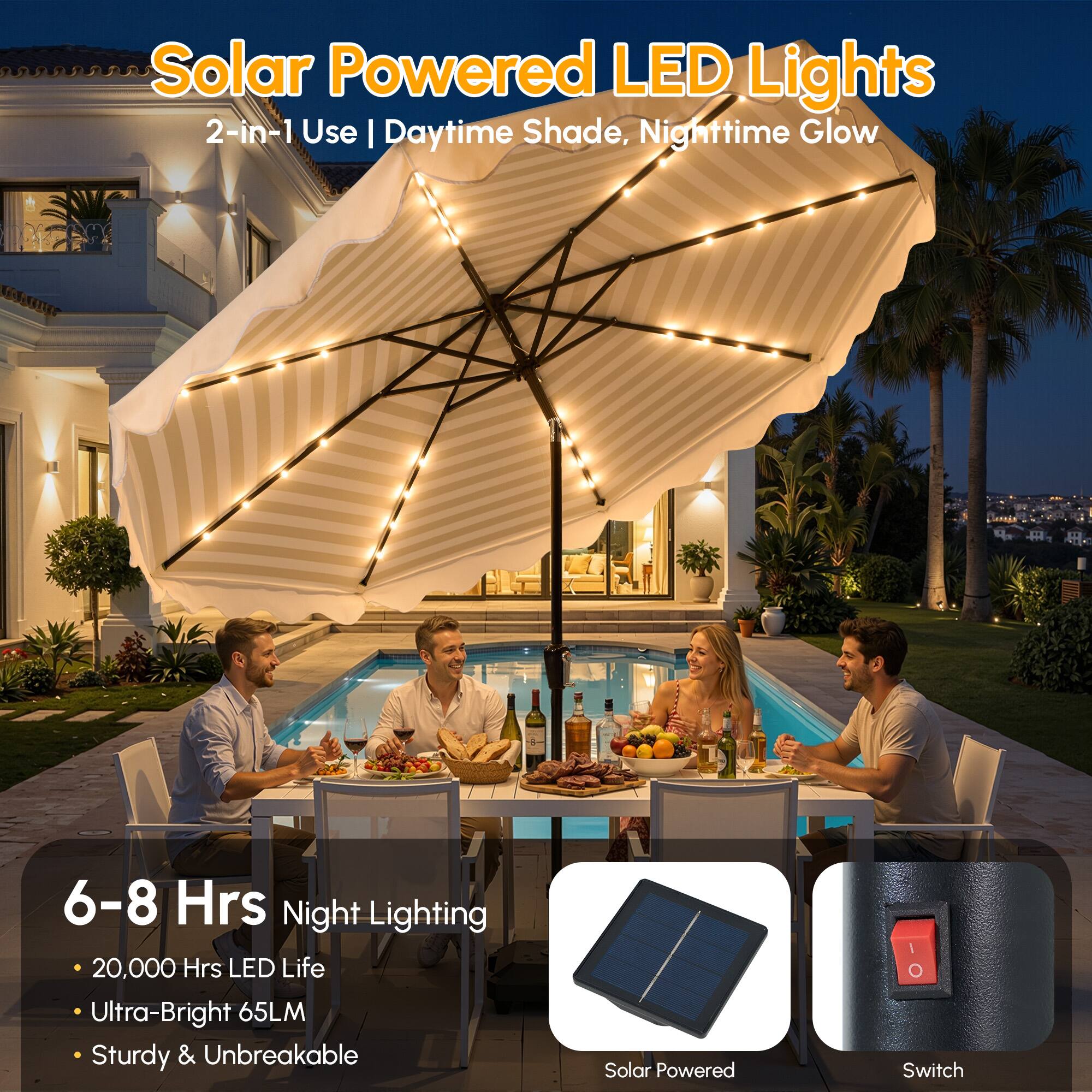 Solar Powered LED Lights  
2-in-1 Use | Daytime Shade, Nighttime Glow  

6-8 Hrs Night Lighting  
- 20,000 Hrs LED Life  
- Ultra-Bright 65LM  
- Sturdy & Unbreakable  

Solar Powered  
Switch