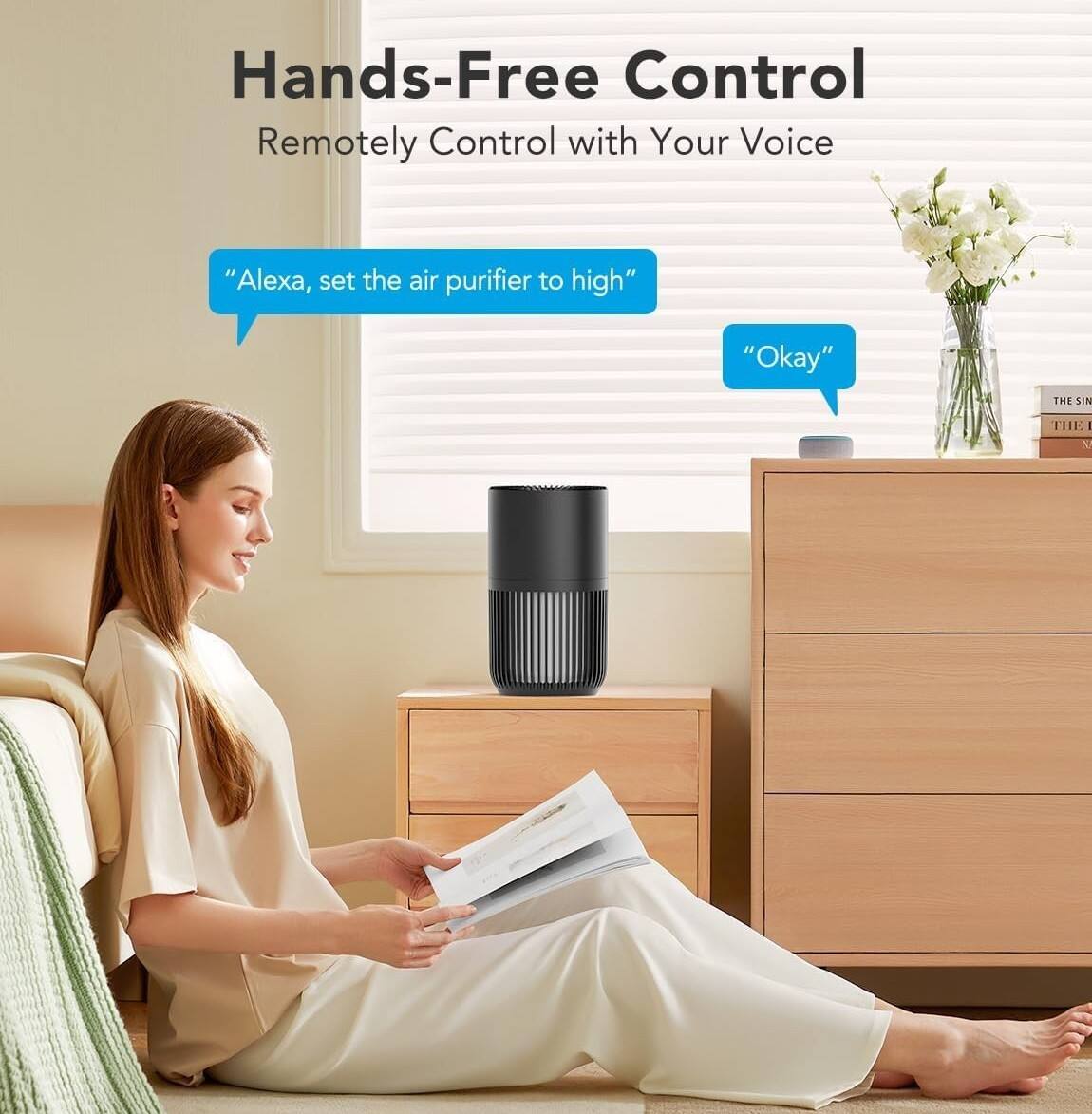 Hands-Free Control  
Remotely Control with Your Voice  
"Alexa, set the air purifier to high"  
"Okay"