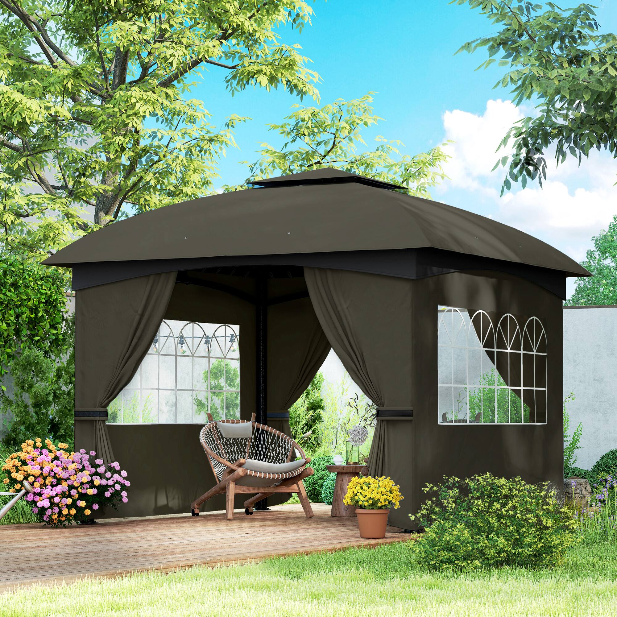 Angle. Outsunny -  11' x 11' Outdoor Gazebo, Arc Patio Gazebo Canopy Shelter, UV Protected, with Curtains, Church Windows - Dark Gray.