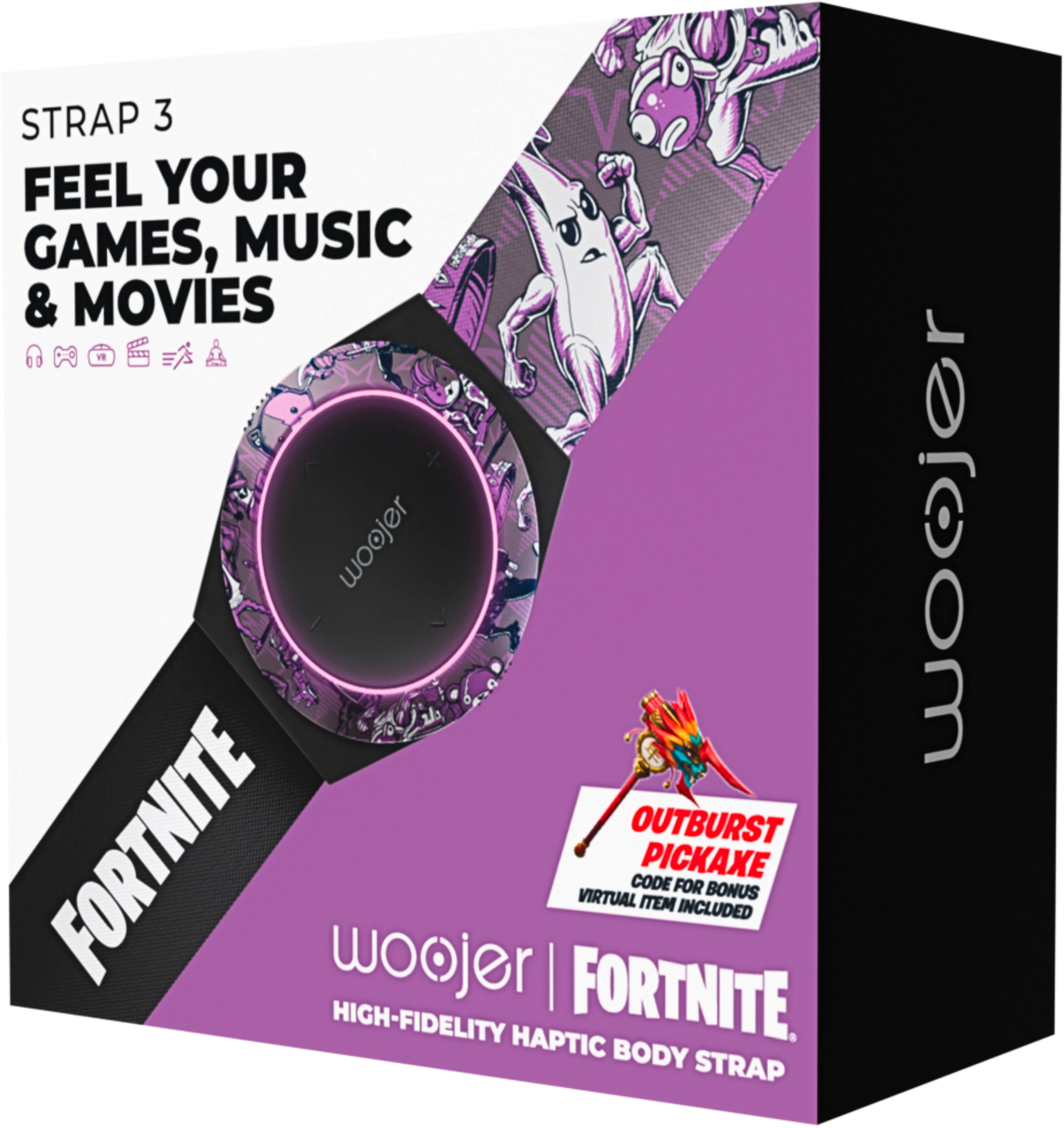 The text on the image is grouped and corrected as follows:

"Strap 3 Feel Your Games, Music & Movies woojer | Fortnite. High-Fidelity Haptic Body Strap. Outburst Pickaxe Code for Bonus Virtual Item Included."