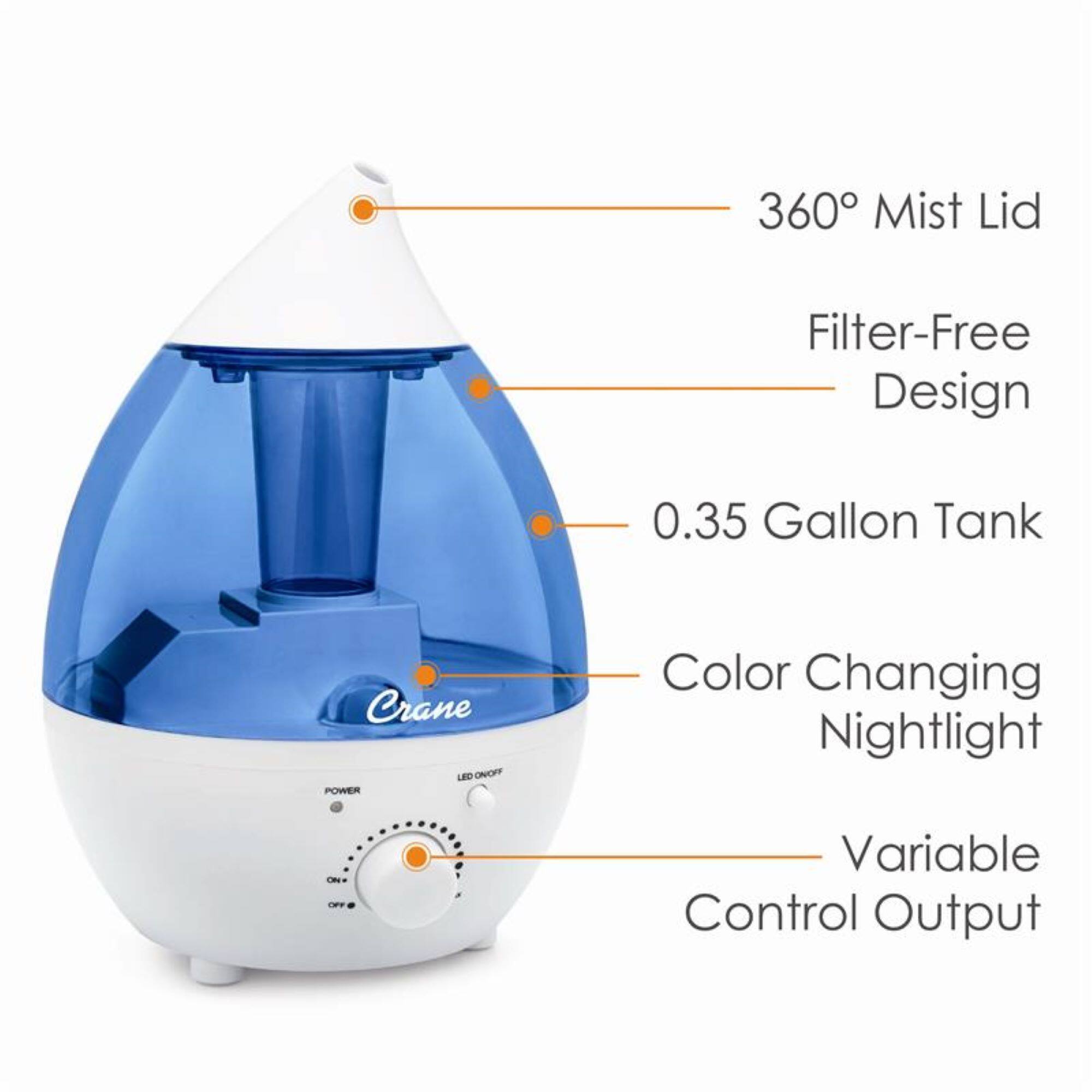 360° Mist Lid  
Filter-Free Design  
0.35 Gallon Tank  
Color Changing Nightlight  
Variable Control Output