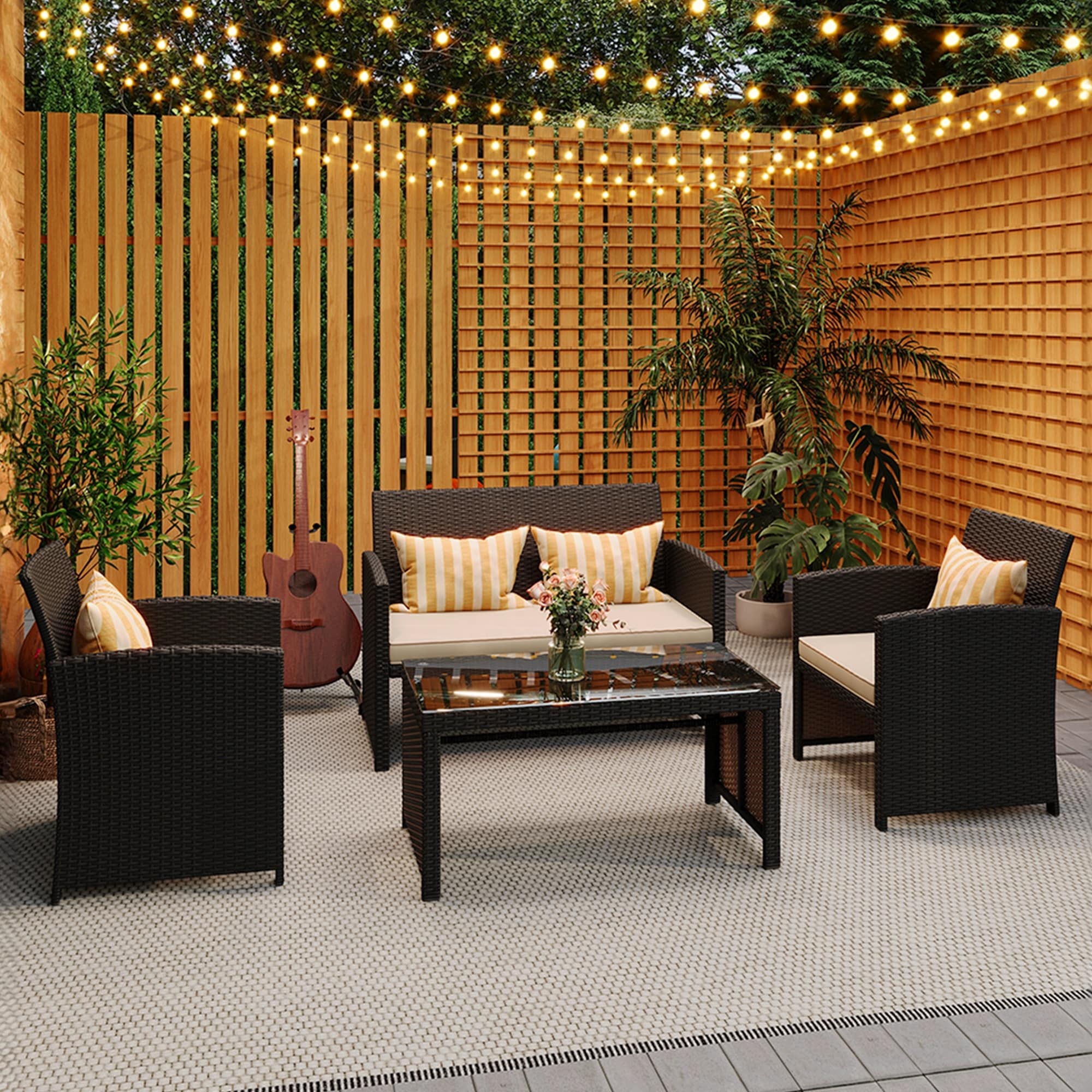Angle. U-HOMY - All-Weather PE Rattan Patio Furniture Set – 4-Piece Wicker Sofa & Glass Coffee Table with Cushions - Khaki.