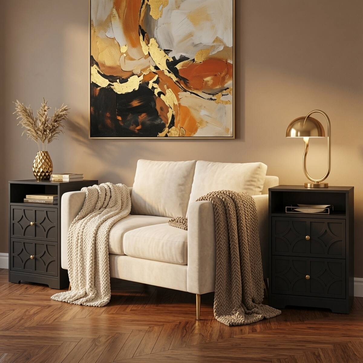 Back. Loheer - Loheer Set of 2 Black Nightstands with Charging Station, Two Drawers and Open Shelf, 18.9-Inch Wide - Black.
