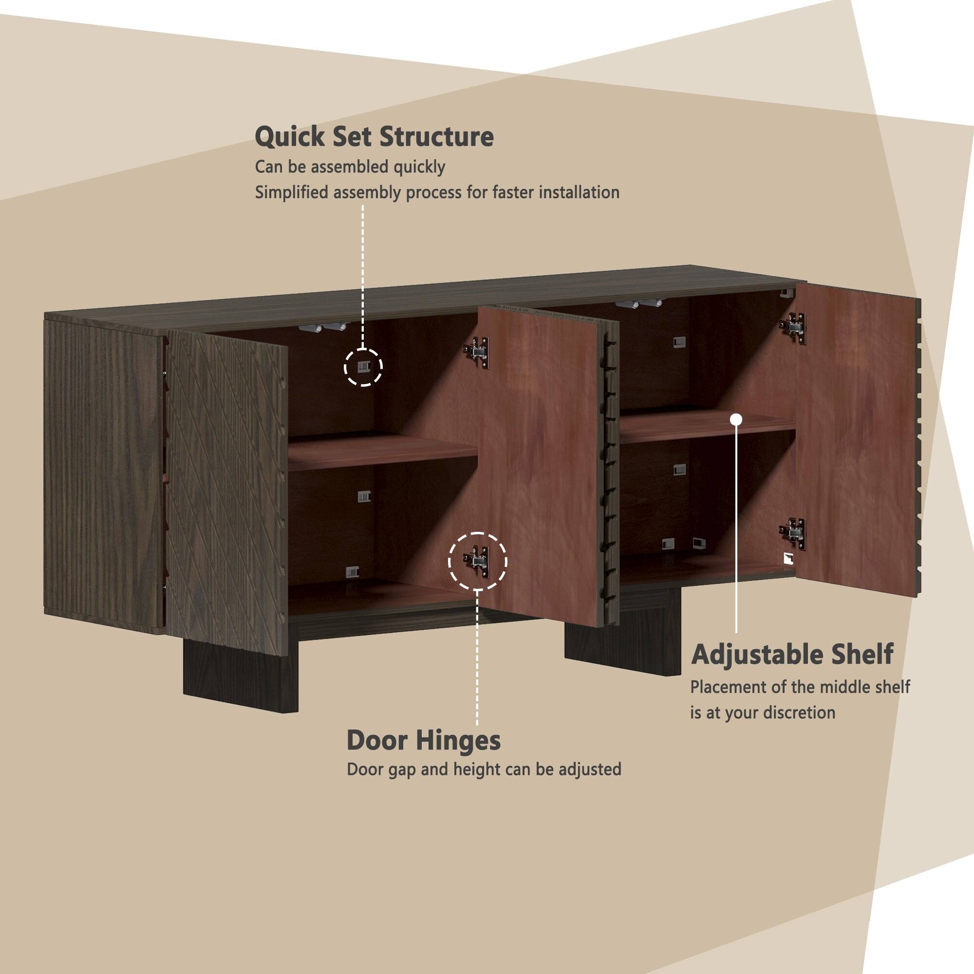 Quick Set Structure  
Can be assembled quickly  
Simplified assembly process for faster installation  

Door Hinges  
Door gap and height can be adjusted  

Adjustable Shelf  
Placement of the middle shelf is at your discretion