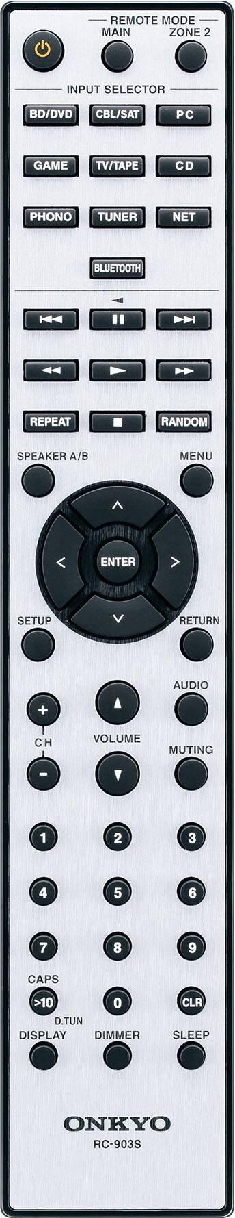 The remote control has a variety of buttons, including a mode button, a main zone button, an input selector button, and a TV/tape button. Other buttons include a CD button, a phono button, a tuner button, a net button, a Bluetooth button, a repeat button, a random button, a menu button, an enter button, a setup button, a return button, an audio button, a channel volume button, a muting button, a clear button, a sleep button, and a ONKYO RC-903S button. The remote control also has a display button and a dimmer button.