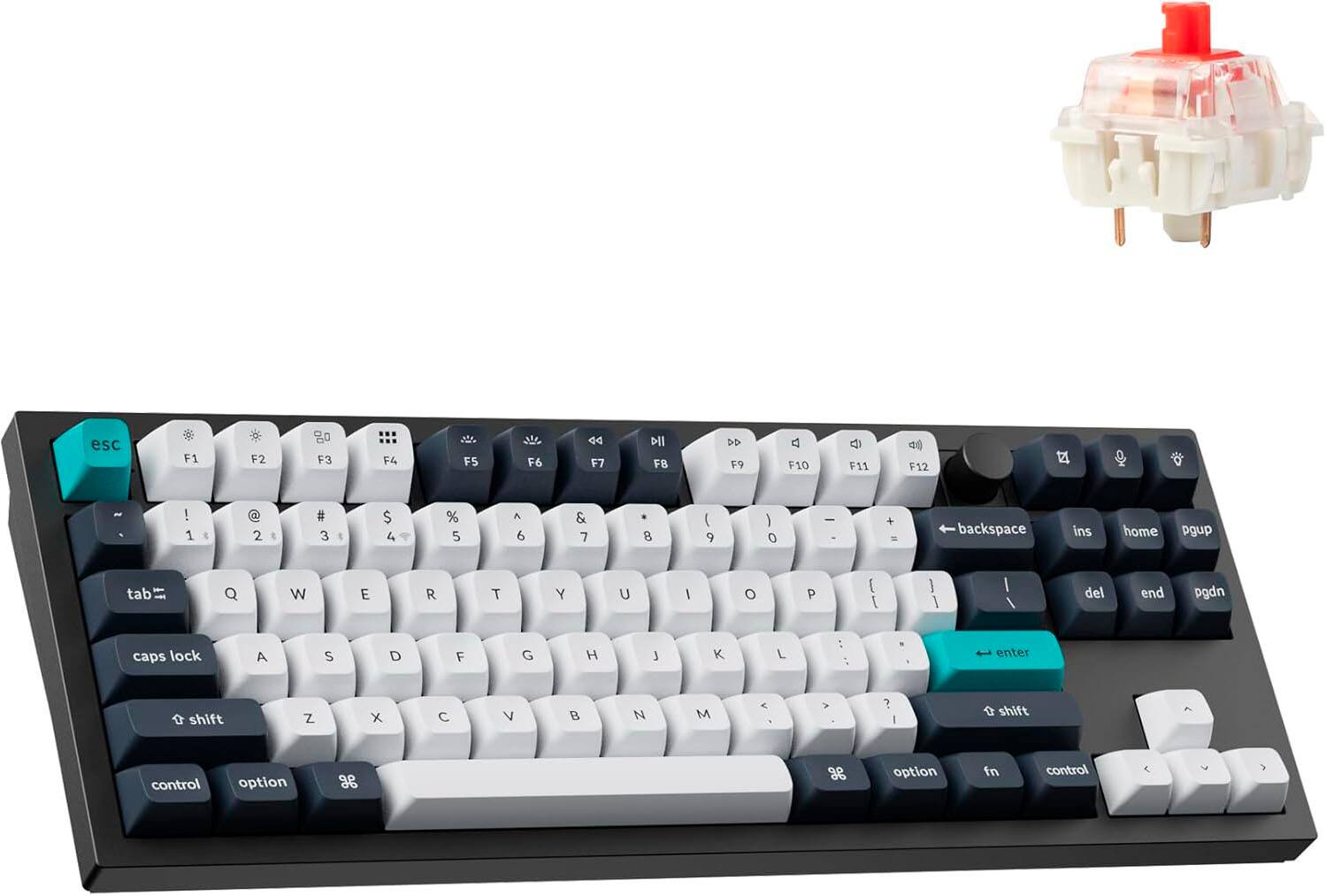 The image shows a close-up of a black and white keyboard with a blue key. The keyboard has a number pad and a set of function keys. The function keys are labeled with numbers, including F1, F2, F3, F4, F5, F6, F7, F8, F9, F10, F11, and F12. The keyboard also has a set of arrow keys and a number pad.