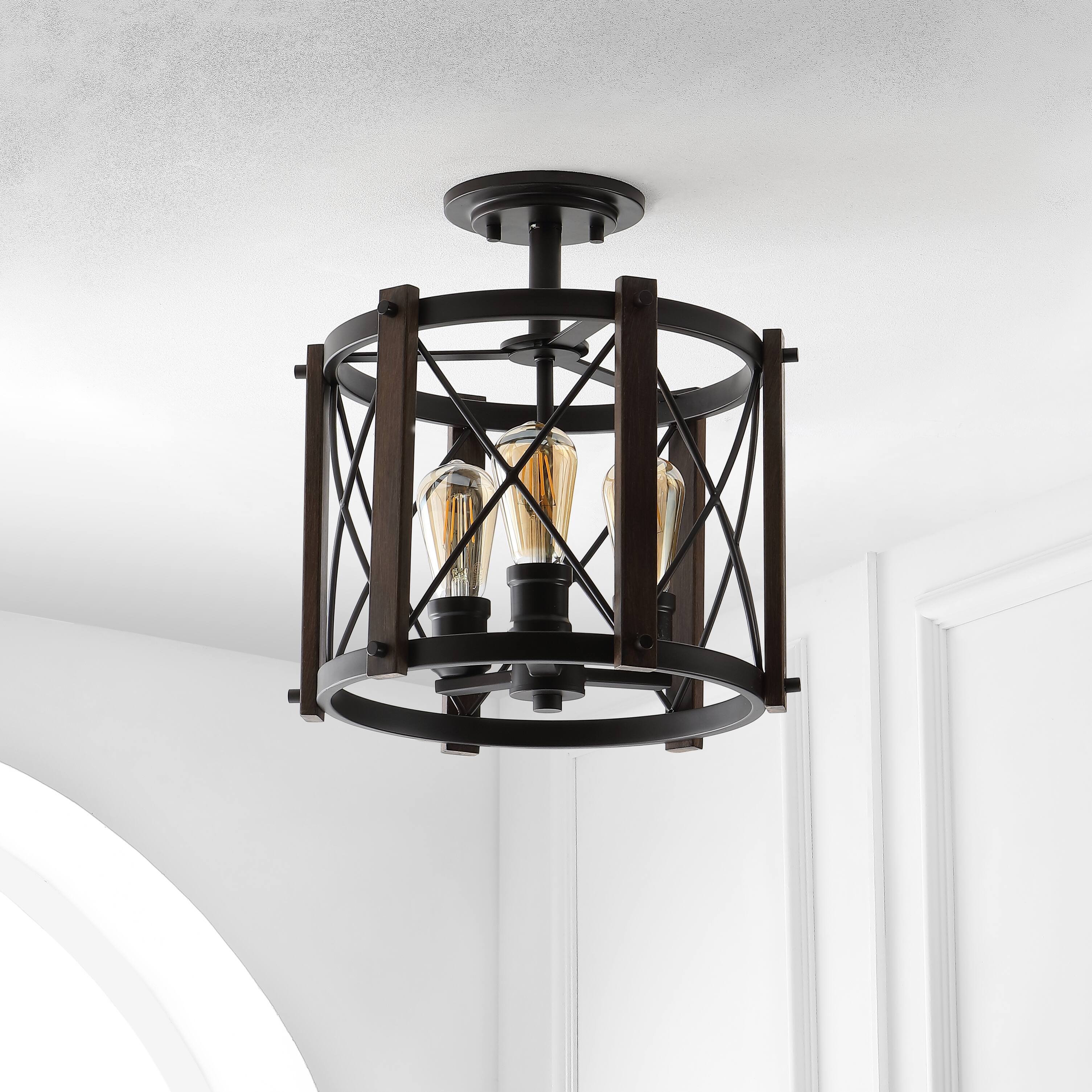 Alt View 5. Jonathan Y - Ferme 14" 3-Light Iron Rustic Farmhouse LED Flush Mount, Brown/Oil Rubbed Bronze - Oil Rubbed Bronze/Brown.