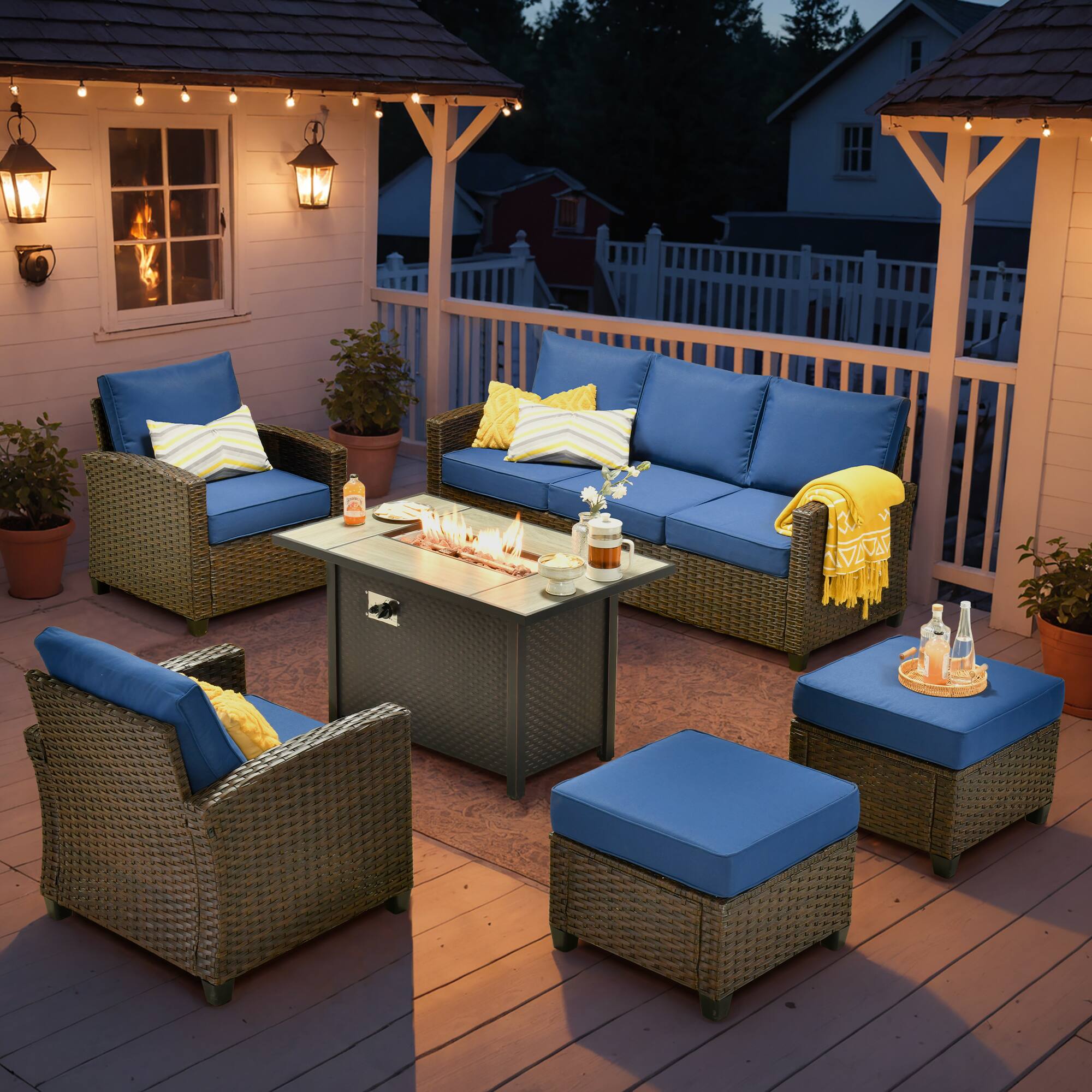 Front. Ovios - 6 PCS Patio Furniture with 42" Fire Pit Table, Comfy 3 Seat Sofa with Armchairs and Ottomans for Garden - Navy Blue.