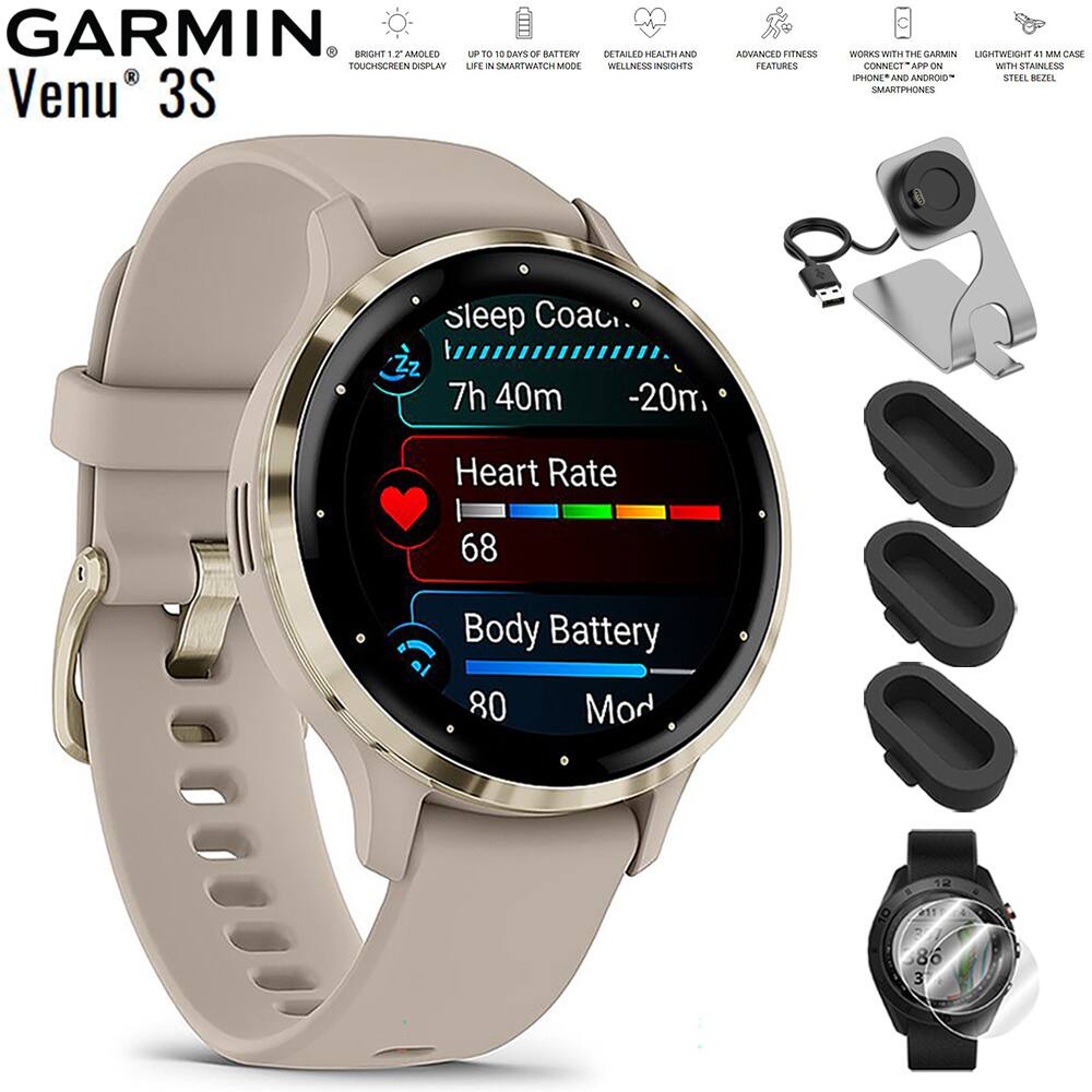 Garmin - Venu 3S GPS Smartwatch Gold with Gray Case 41mm with Charging Dock Bundle - Stainless Steel and French Gray - (2023)