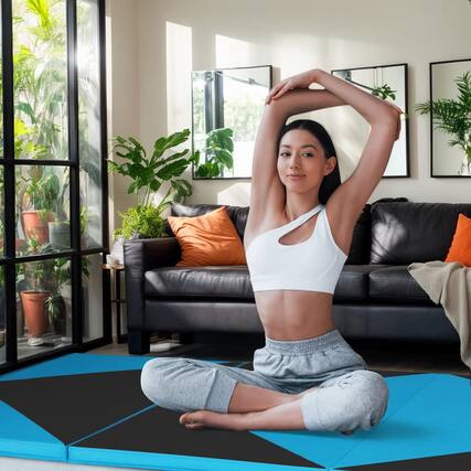 Front. Kadyn - Gymnastics Mat, Exercise Tumbling Mat,4-Panel PU Leather Folding Exercise Gym Mat with Hook and Loop Fasteners-Black - Blue.