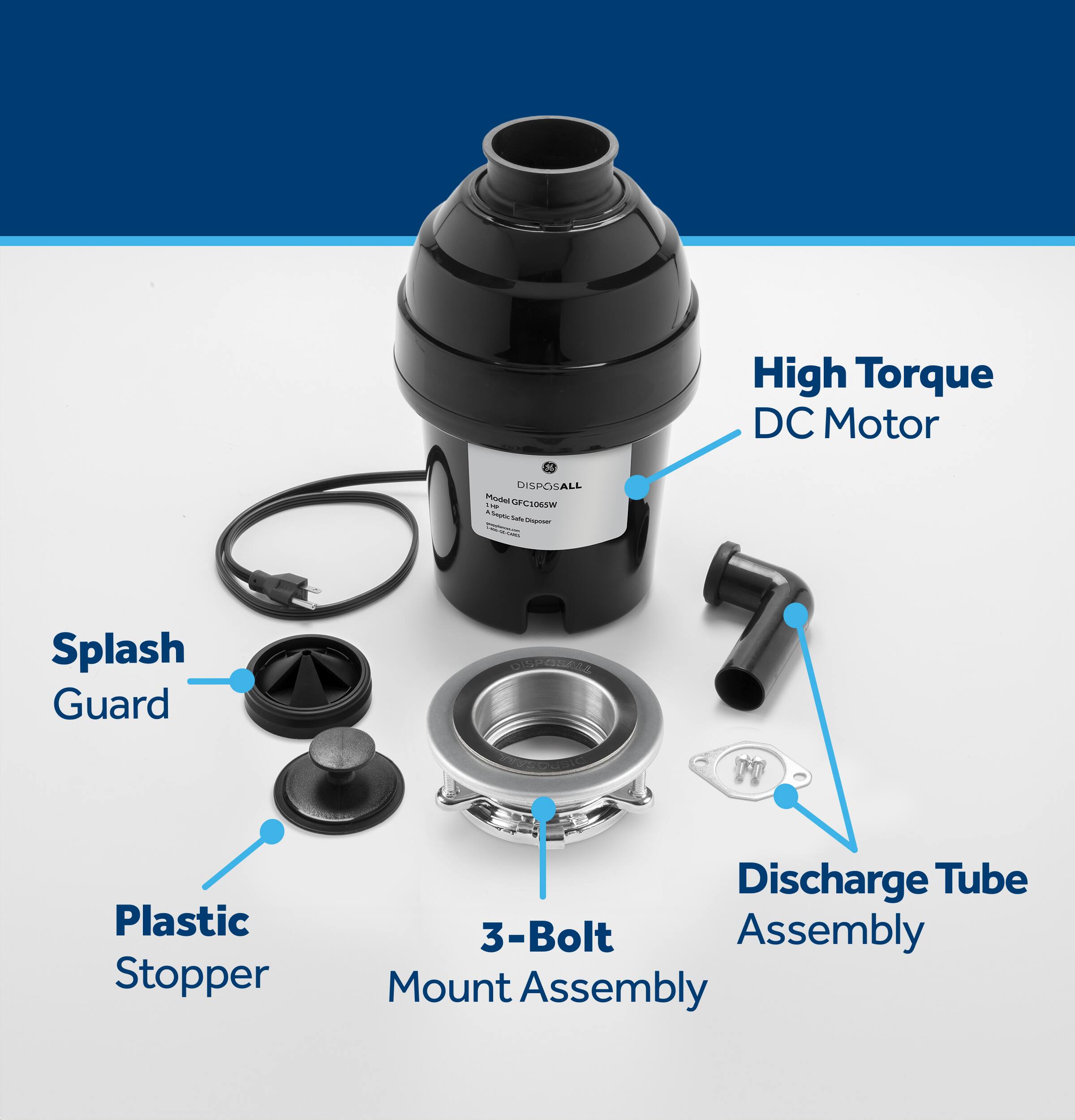 High Torque DC Motor X DISPOSALL Mu OFC306SW - Splash Guard - Plastic Stopper - Discharge Tube - 3-Bolt Assembly - Mount Assembly
