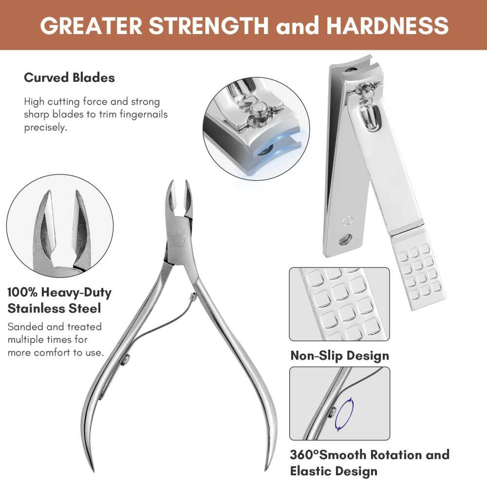 **GREATER STRENGTH and HARDNESS**

- **Curved Blades**
  - High cutting force and strong sharp blades to trim fingernails precisely.

- **100% Heavy-Duty Stainless Steel**
  - Sanded and treated multiple times for more comfort to use.

- **Non-Slip Design**

- **360° Smooth Rotation and Elastic Design**
