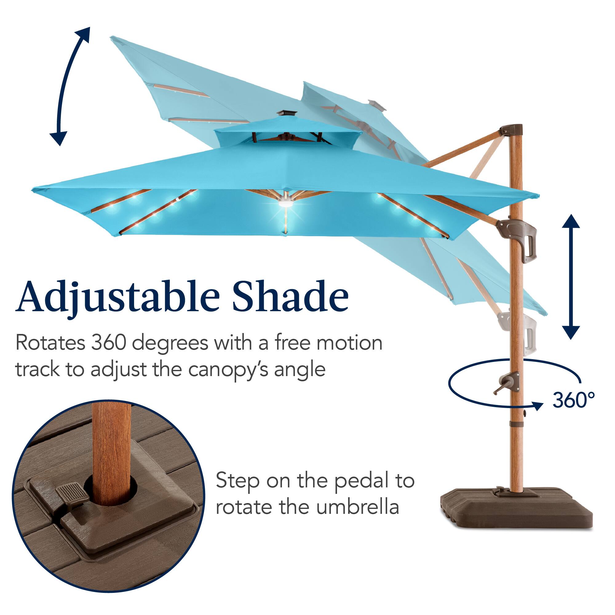 Adjustable Shade Rotates 360 degrees with a free motion track to adjust the canopy's angle. Step on the pedal to rotate the umbrella.