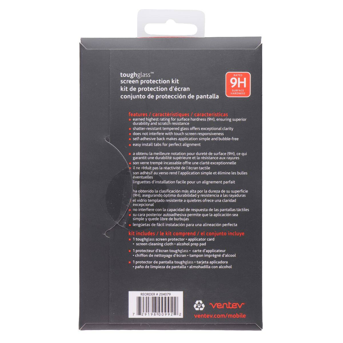 toughglass™ screen protection kit  
kit de protection d'écran  
conjunto de protección de pantalla  

features / caractéristiques / características  
earned highest rating for surface hardness (9H), ensuring superior durability and scratch resistance  
shatter-resistant tempered glass offers exceptional clarity does not interfere with touch screen responsiveness  
self-adhesive back makes application simple and bubble-free  
easy install tabs for perfect alignment  

obtenu meilleure notation pour dureté de surface (9H) qui garantit une durabilité supérieure et résistance aux rayures  
son verre trempé incassable offre une clarté exceptionnelle réduit pas la réactivité de l'écran tactile  
son adhéssit verso rend l'application simple et élimine les bulles ventuelles  
linguettes d'installation facile pour un alignement parfait  

ha obtenido la clasificación más alta por dureza de superficie (9H) asegurando óptima durabilidad resistencia a las rayaduras  
el vidrio templado resistente quiebres ofrece una claridad excepcional  
no interfiere con la respuesta de las pantallas táctiles  
su cara posterior autoadhesiva permite que la aplicación sea