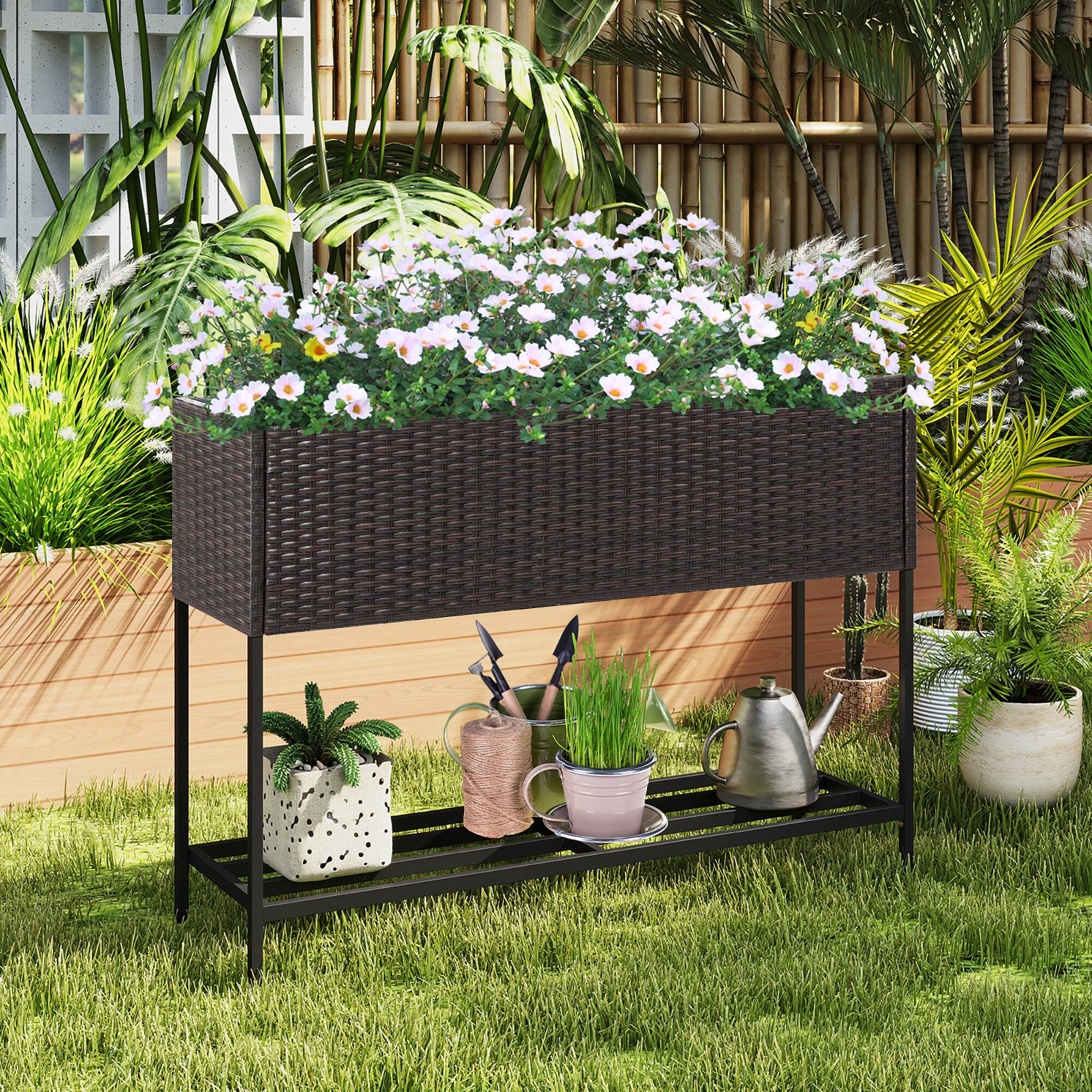 Alt View 1. Gymax - Gymax Elevated Planter Box Raised Garden Bed w/ Rattan Surface Bottom Storage Shelf & Removable Liner - Brown.
