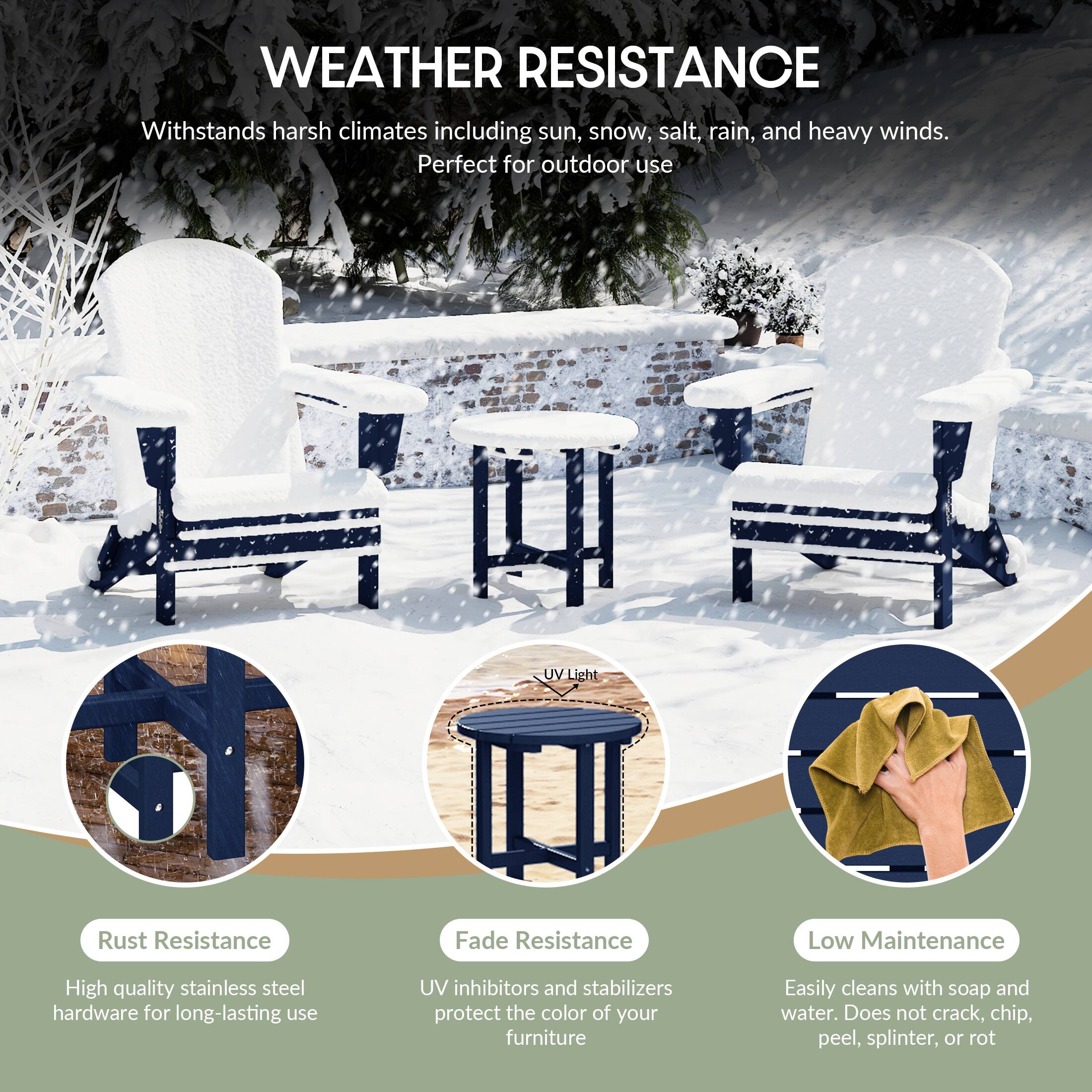 WEATHER RESISTANCE  
Withstands harsh climates including sun, snow, salt, rain, and heavy winds.  
Perfect for outdoor use  

- Rust Resistance  
  High quality stainless steel hardware for long-lasting use  

- Fade Resistance  
  UV inhibitors and stabilizers protect the color of your furniture  

- Low Maintenance  
  Easily cleans with soap and water. Does not crack, chip, peel, splinter, or rot