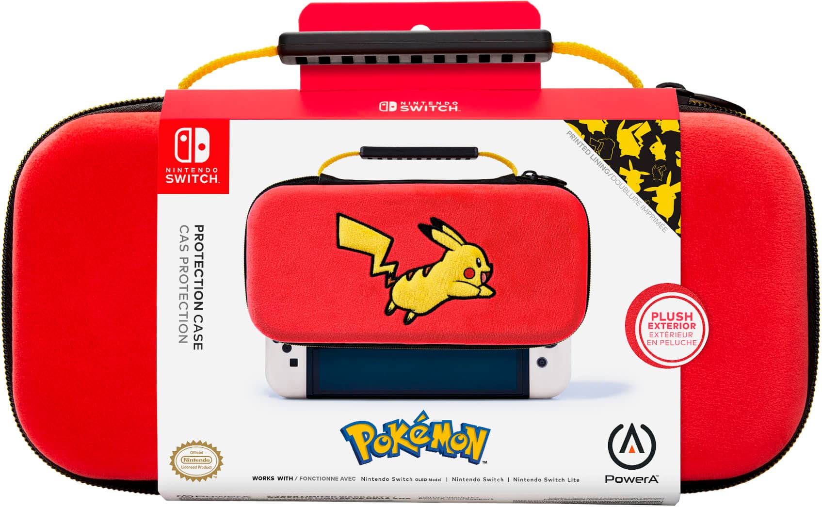 The image features a red Pokemon case for the Nintendo Switch. The case is designed to protect the gaming console and comes with a printed lining and a plush exterior. The case is made by PowerA and is officially licensed by Nintendo. It is compatible with both the Nintendo Switch and the Nintendo Switch Lite.