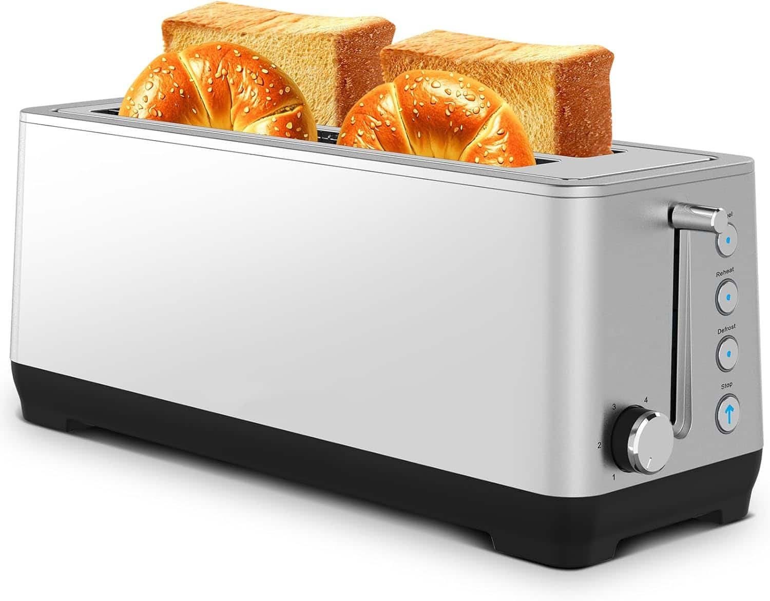 MOOSOO - Stainless Steel 4-Slice Toaster, 6 Browning Settings, Defrost/Reheat Functions, Removable Crumb Tray - Silver