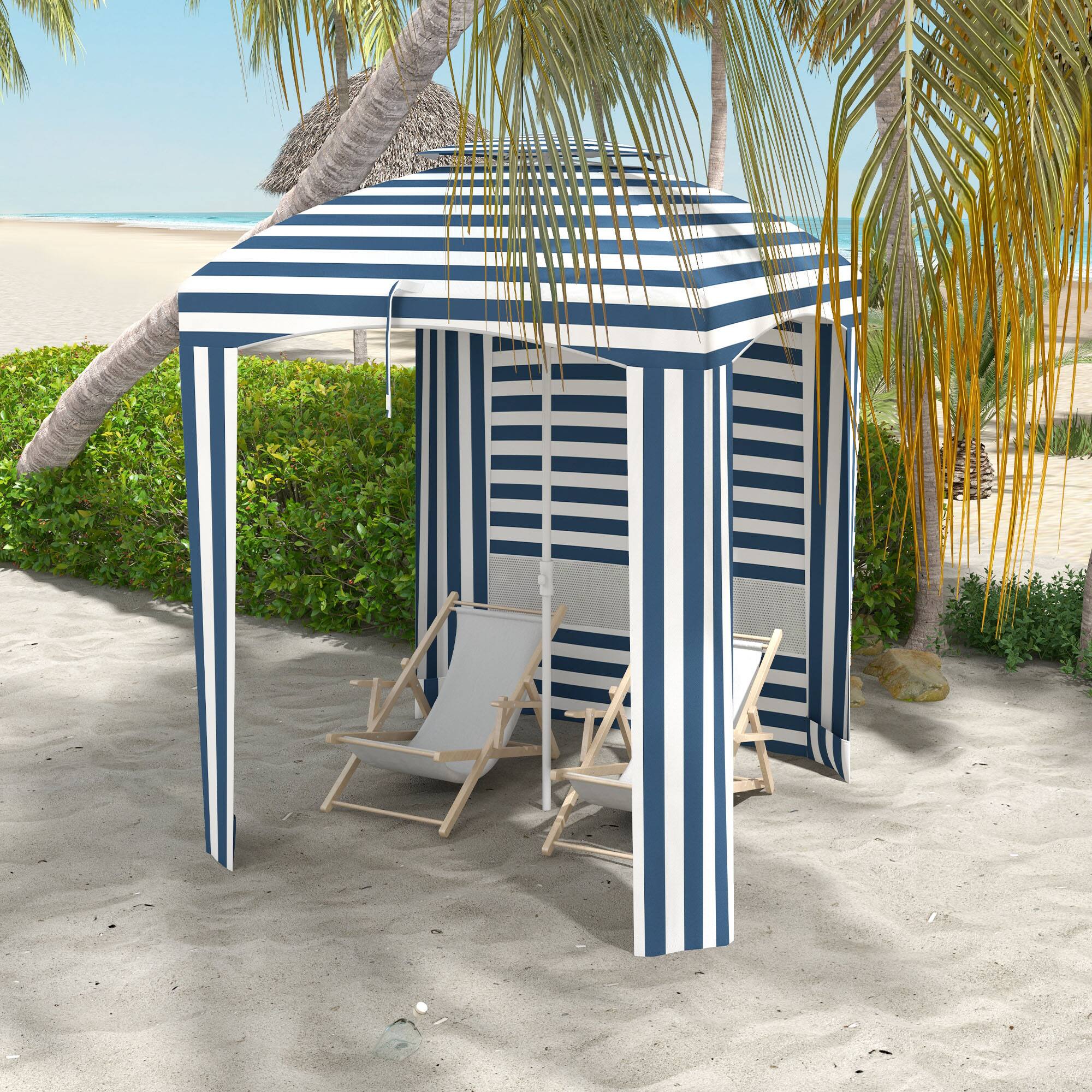 Angle. Outsunny - 5.8' x 5.8' Portable Beach Umbrella with Double-Top, Ruffled Outdoor Cabana with Walls, Vents, Sandbags, Carry Bag - Blue White Strip.