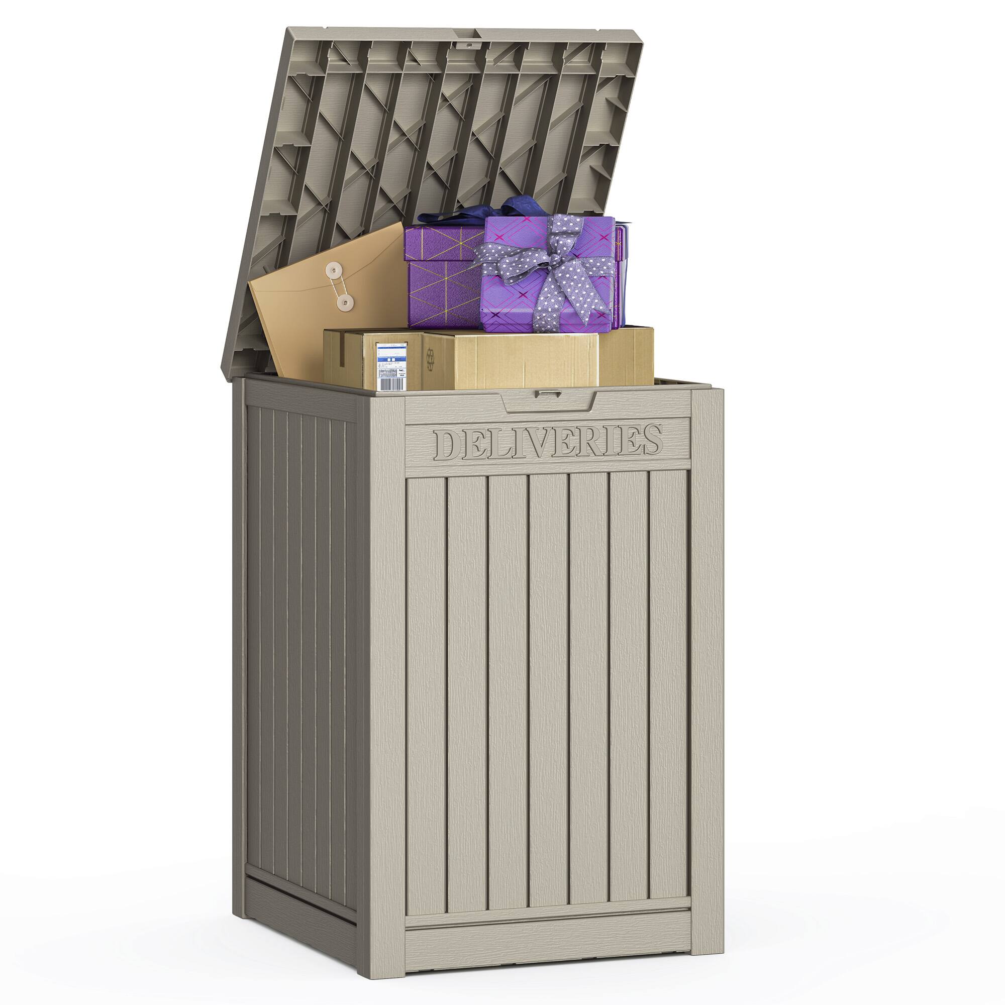 Sersper - Multi-Purpose Outdoor Storage Box, 48 Gallon Lockable Trash, Storage, Parcel Drop, Waterproof - Brown
