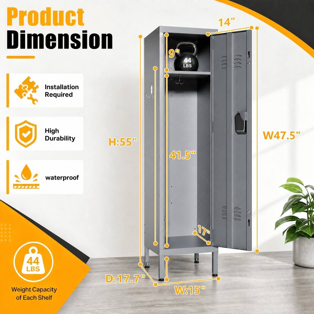 Product Dimension

- Installation Required
- High Durability
- Waterproof

- H: 55"
- W: 47.5"
- D: 17.7"
- W: 15"

- 9" x 14"
- 44 LBS Weight Capacity of Each Shelf