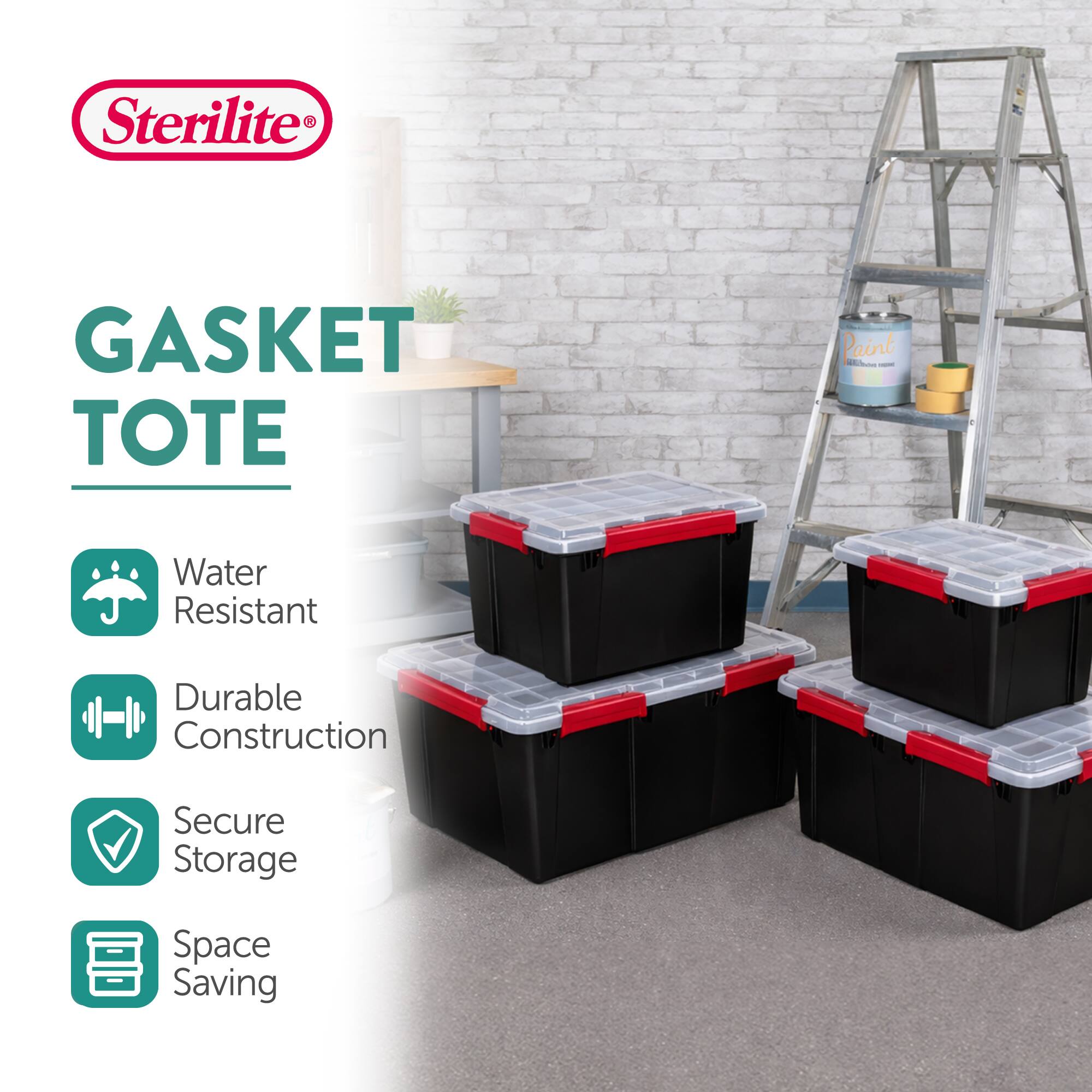 Sterilite GASKET TOTE Paint  
- Water Resistant  
- Durable Construction  
- Secure Storage  
- Space Saving