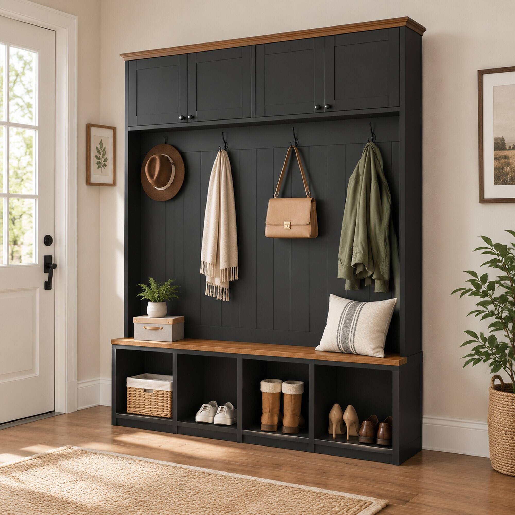 Angle. RYHNUYNE - VIBE HAUS 59 in Hall Tree with Bench, 4 Cabinets and 4 Open Compartments, 4 Hooks, Farmhouse Style - Black.