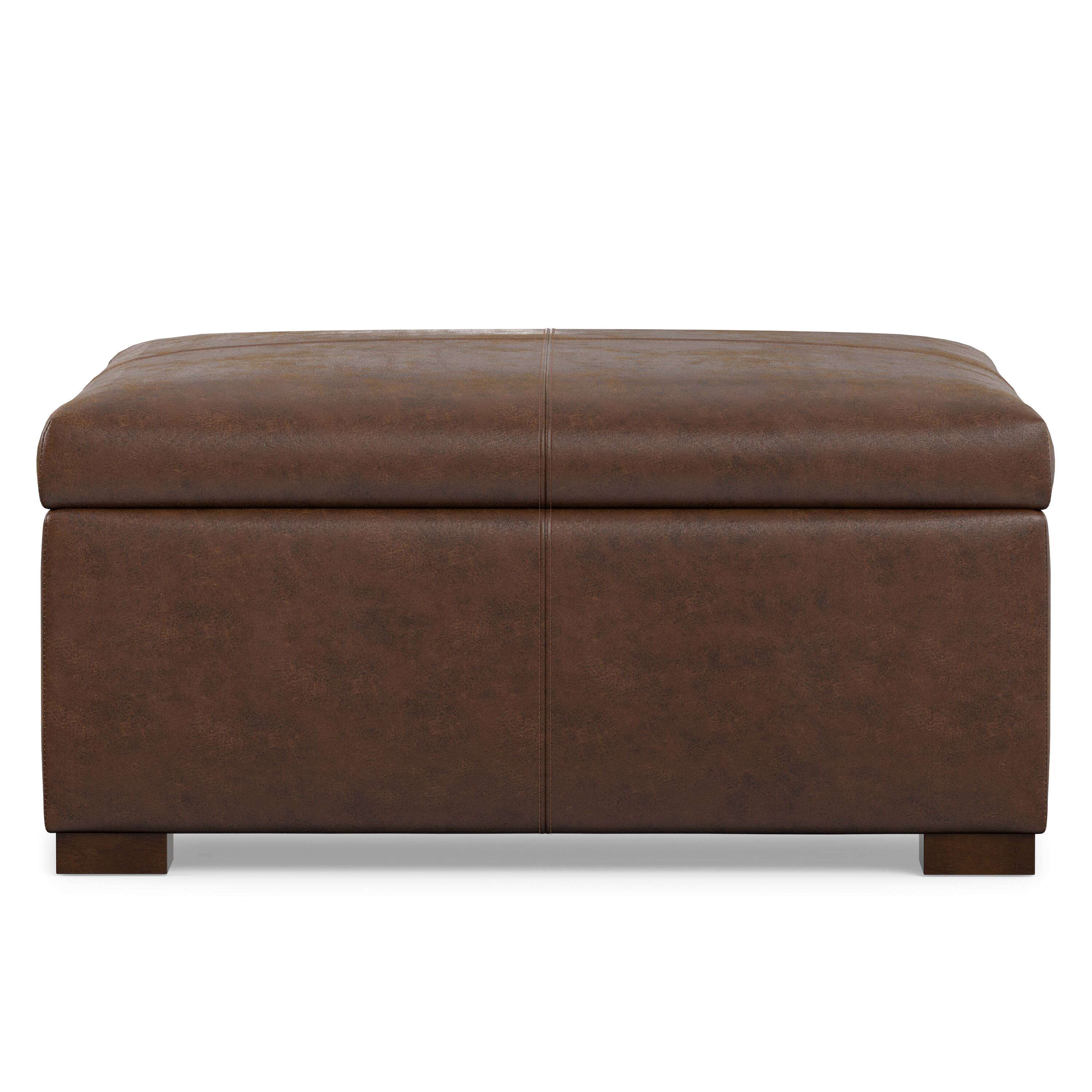 Alt View 2. Simpli Home - Gabbie 36 inch Wide Square Coffee Table Storage Ottoman in Distressed Chestnut Brown Vegan Leather - Distressed Chestnut Brown.