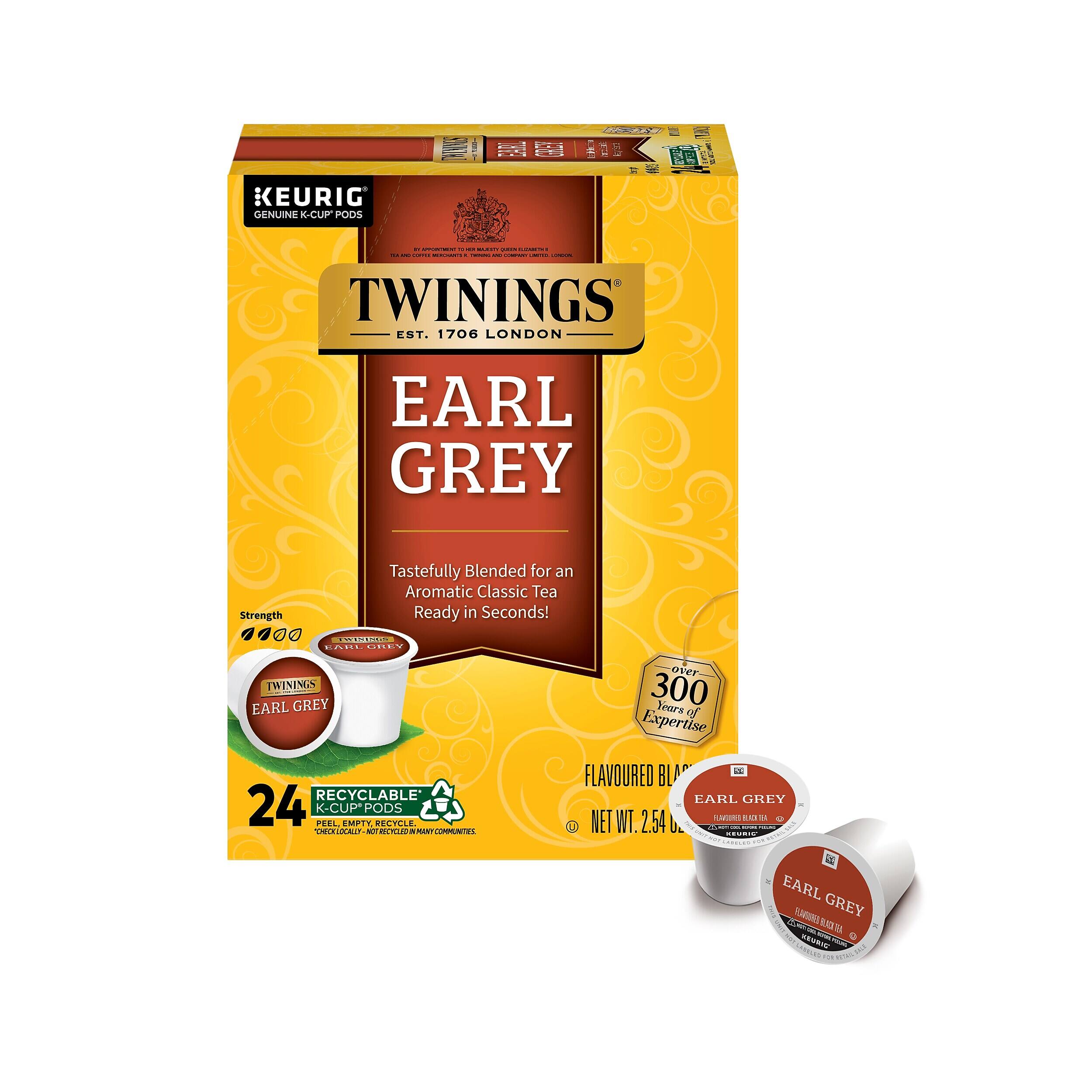 KEURIG GENUINE XK-CUP PODS

TWININGS EST. 1706 LONDON EARL GREY
Strength Tastefully Blended for an Aromatic Classic Tea Ready in Seconds!

TWININGS EARL GREY RECYCLABLE 24 PEEL K-CUP EMPTY PODS RECYCLE

CRCIDA MDna

MANY - over 300 Years of Expertise

FLAVOURED BLACK TEA

NET WT. 2.54 oz