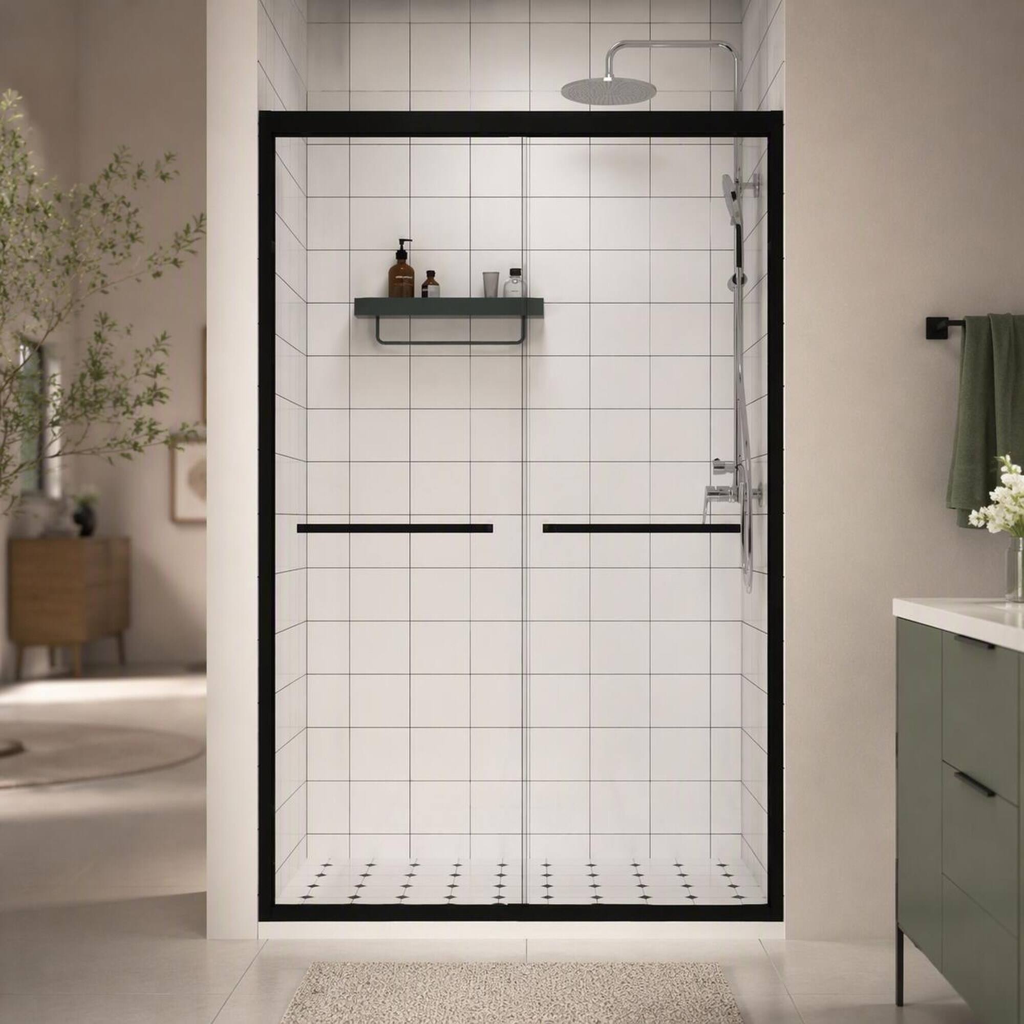 Front. RYHNUYNE - 44-48" X 76" Aluminum Frame Double Sliding Shower Door With 1/4" Clear Tempered Glass, Matte Black Hardware - Matt Black.