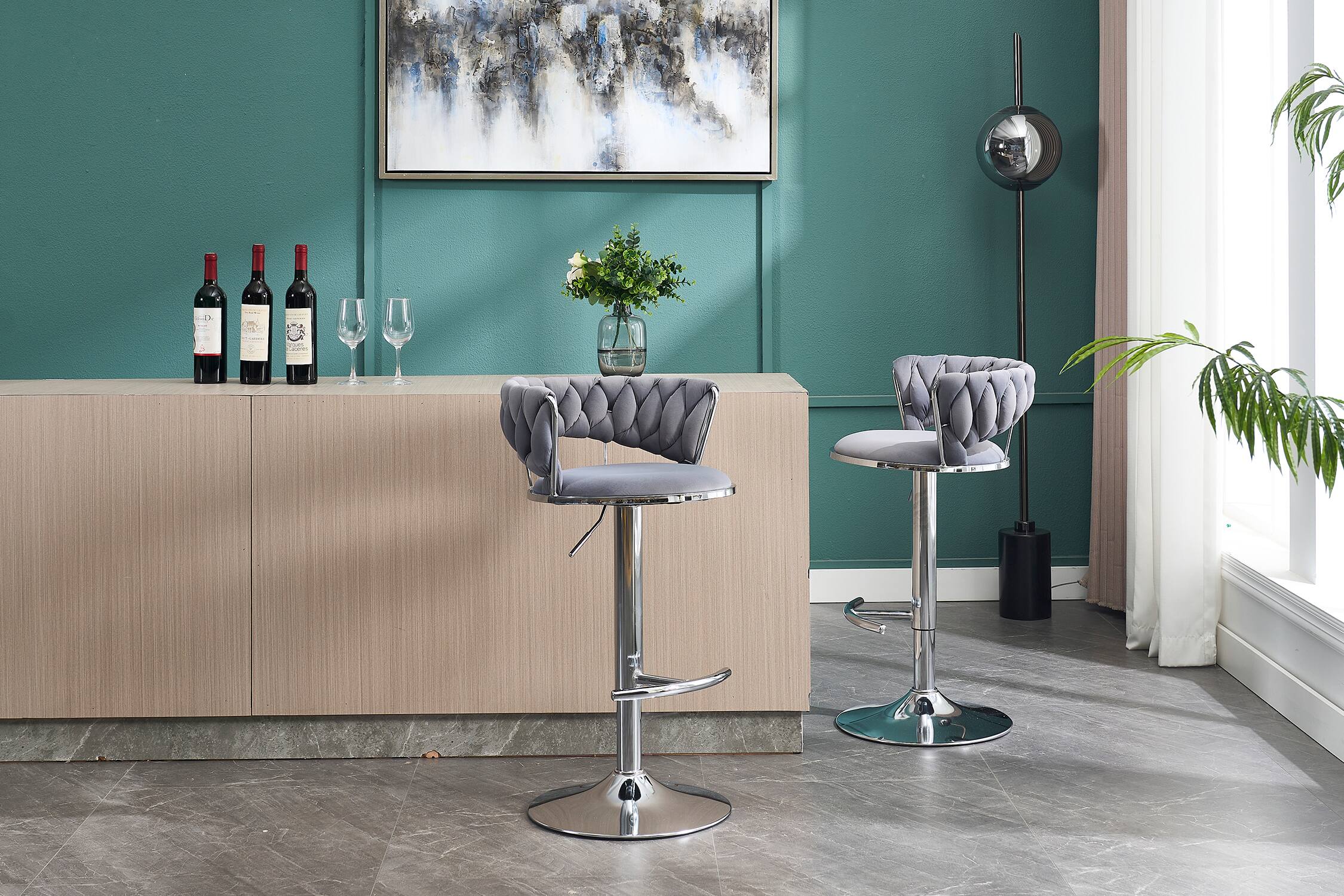 Alt View 1. APRILSOUL - Set of 2 Bar Stools Chrome Footrest Base Swivel Height Adjustable Velvet Chrome Leg GREY - White.