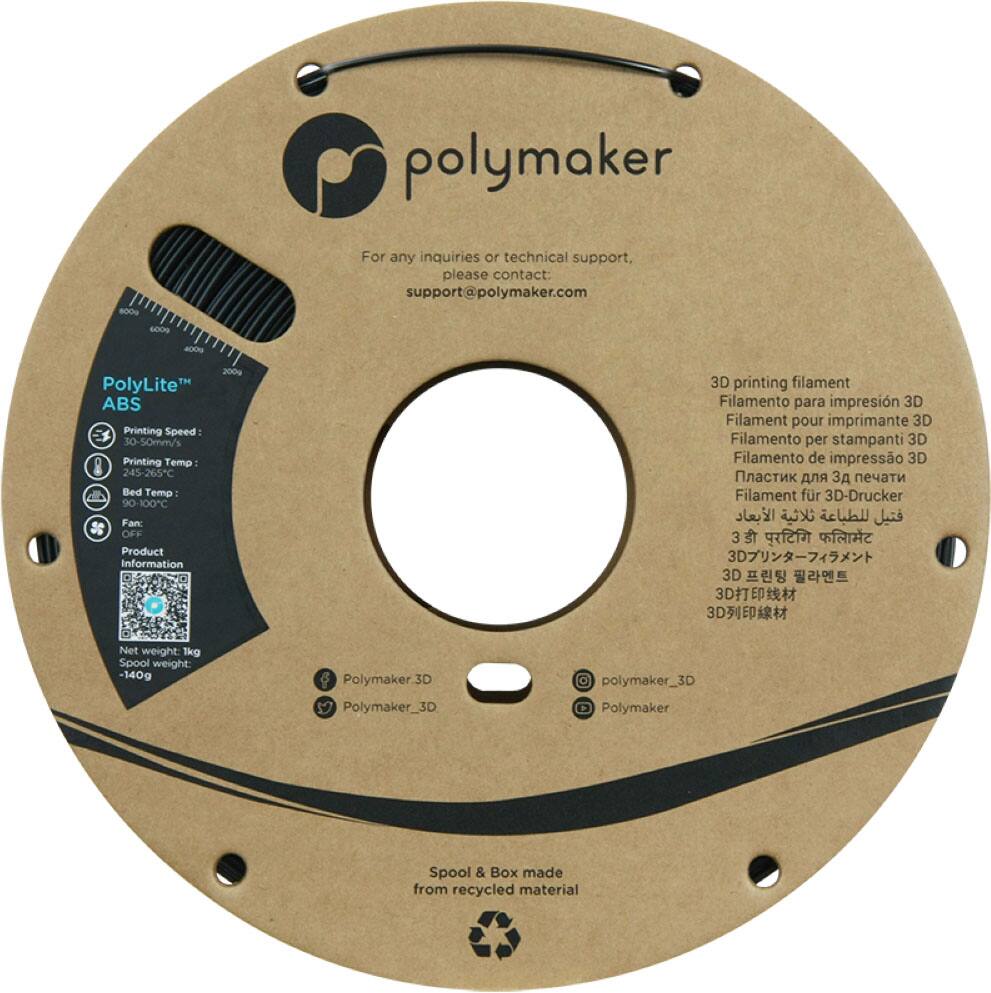 Polymaker 8000 60OS 4000 For any inquiries or technical support, please contact: [support@polymaker.com](mailto:support@polymaker.com) 200g PolyLite ABS Printing Speed: 30-50mm/s Printing Temp: 245-265°C Bed Temp: 90-100°C Fan: OFF Product Information 3D printing filament Filamento para impresión 3D Filament pour imprimante 3D Filamento per stampante 3D Filamento de impresión 3D 3D 3D Net weight: 1kg Spool weight: -140g Polymaker.3 3D Polymaker Spool & Box made from recycled material