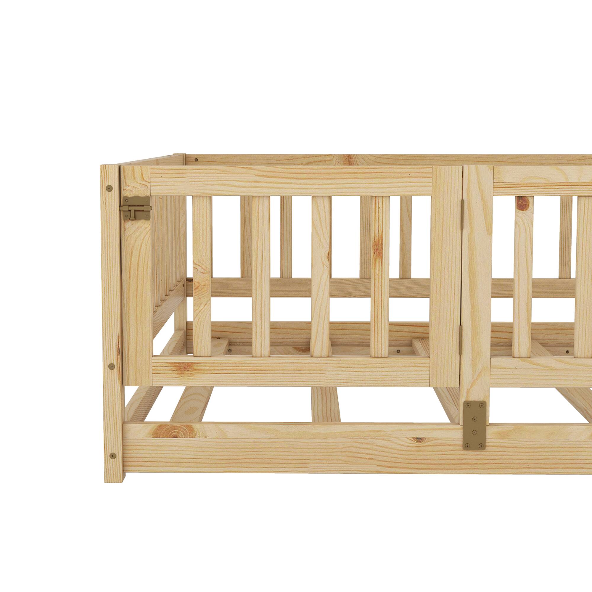 Alt View 2. Tiramisubest - Full Size Floor Bed with Slats, Floor Bed with Fence and Door, Kids Bed Full Size, Wood Floor Bed for Kids, Girls, Boys - Natural.