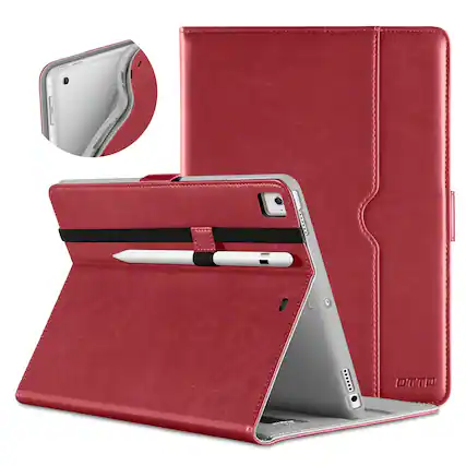 Front. DTTO - for iPad 9.7 Inch 5th/6th Gen 2018/2017 Case with Apple Pencil Holder, Premium Leather Folio Stand Cover Case - Red.