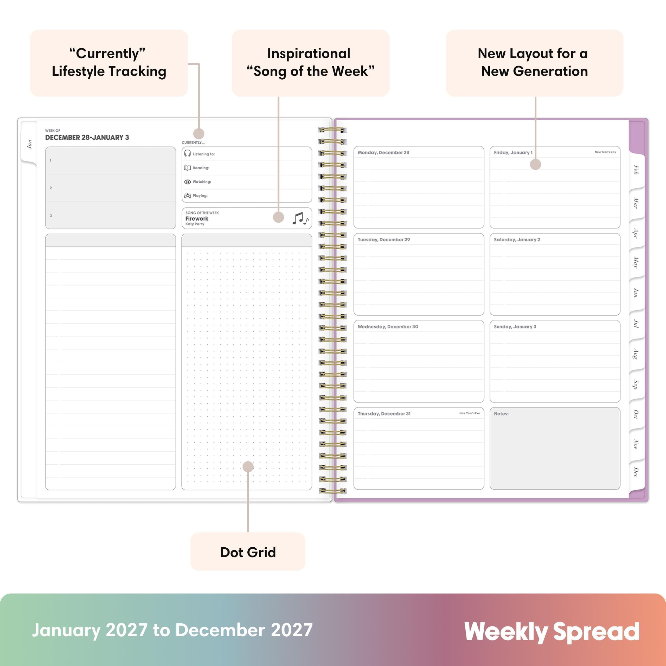 "Currently" Lifestyle Tracking  
Inspirational "Song of the Week"  
New Layout for a New Generation  
setpo Of DECEMBER 28-JANUARY 3  
CURSENTER,  
: :  
Usdening a Redding: c Watching: Playing: SONG OF DUBLIK Firework daily Pacy  
Monday December 31 Tuesday, December 29 Wednesday, December 30 Thursday, December x  
Novition  
Friday, Jonuary1 Saturday, January2 Sunday, January Notes:  
for Tworiday  
Meb Mar Apr May Jun  Ang Sep CASHIP New Die  
Dot Grid  
January 2027 to December 2027  
Weekly Spread