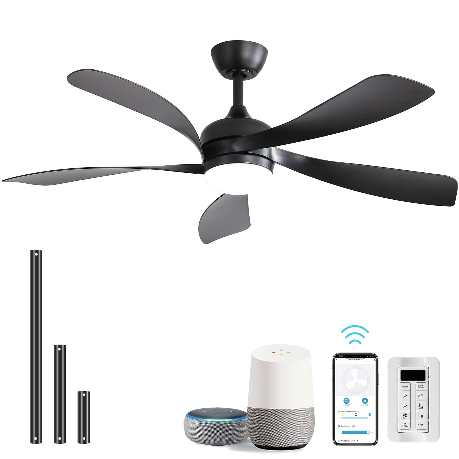 Front. Sofucor - 45''/52" Smart Ceiling Fan With LED Light and Remote Work with Alexa/Google/App 6-Speed Timing Reversible Indoor/Outdoor - 52inch - Black.
