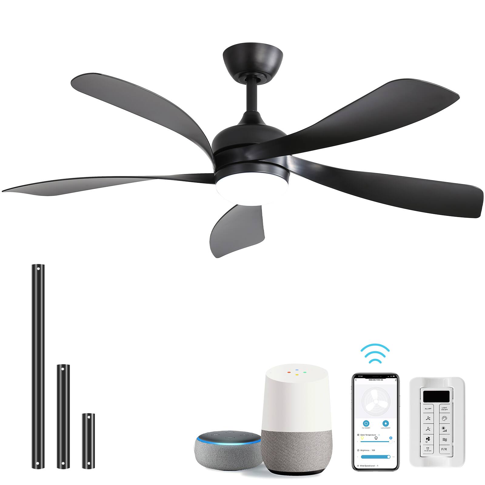 Front. Sofucor - 45''/52" Smart Ceiling Fan With LED Light and Remote Work with Alexa/Google/App 6-Speed Timing Reversible Indoor/Outdoor - 52inch - Black.