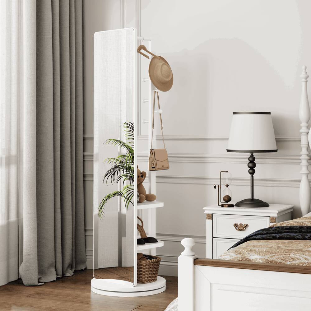Back. Kadyn - 66"x14" 360° Rotating Multifunctional Mirror, Solid Wood Mirror with Hook Storage & Coat Rack for Bedroom/Cloakroom.