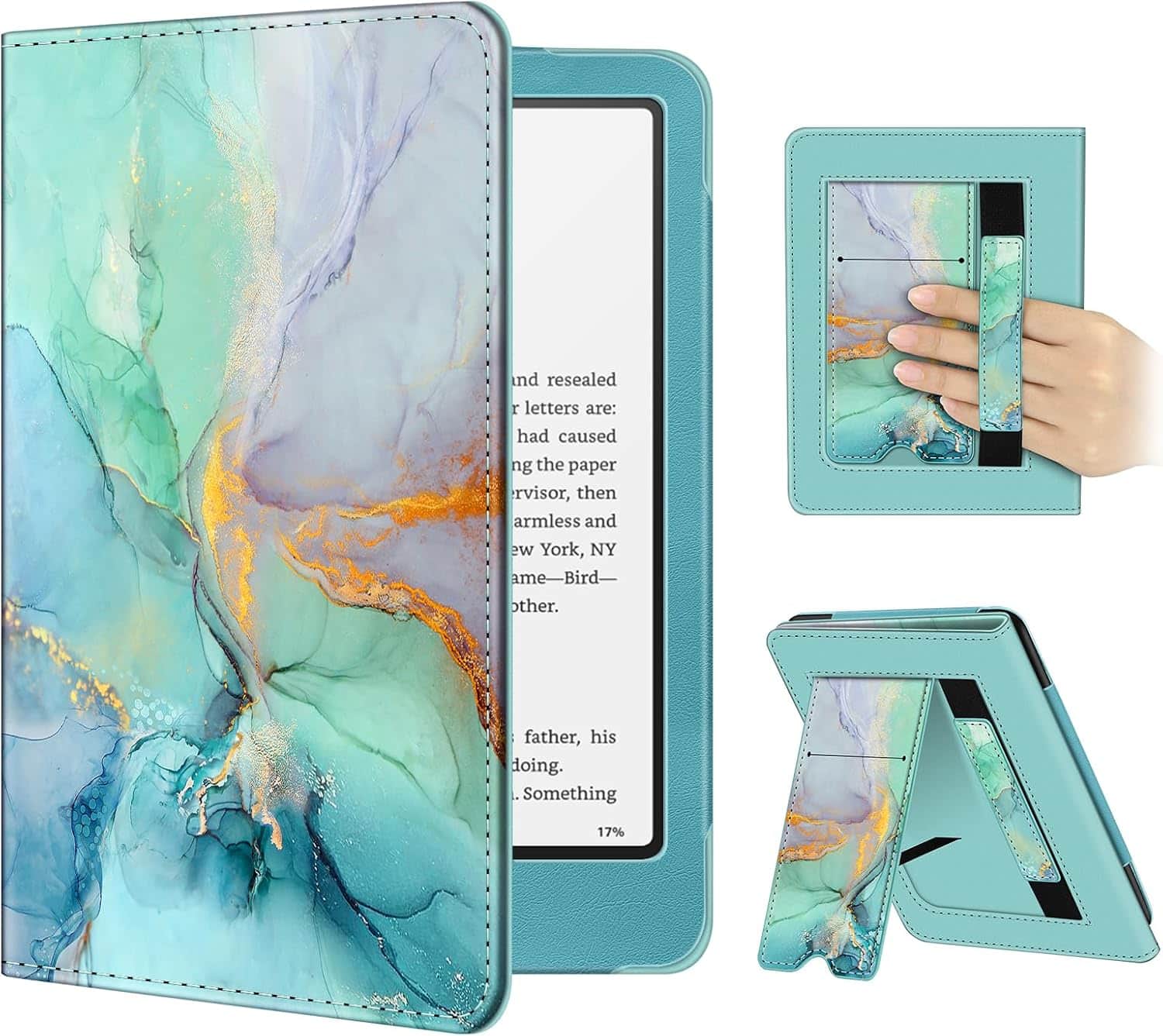 Fintie - Case for 7"/6.8" Kindle Paperwhite 12th/11th Gen & Kindle Colorsoft PU Leather Stand Cover Foldable Kickstand Hand Strap - Green Marble