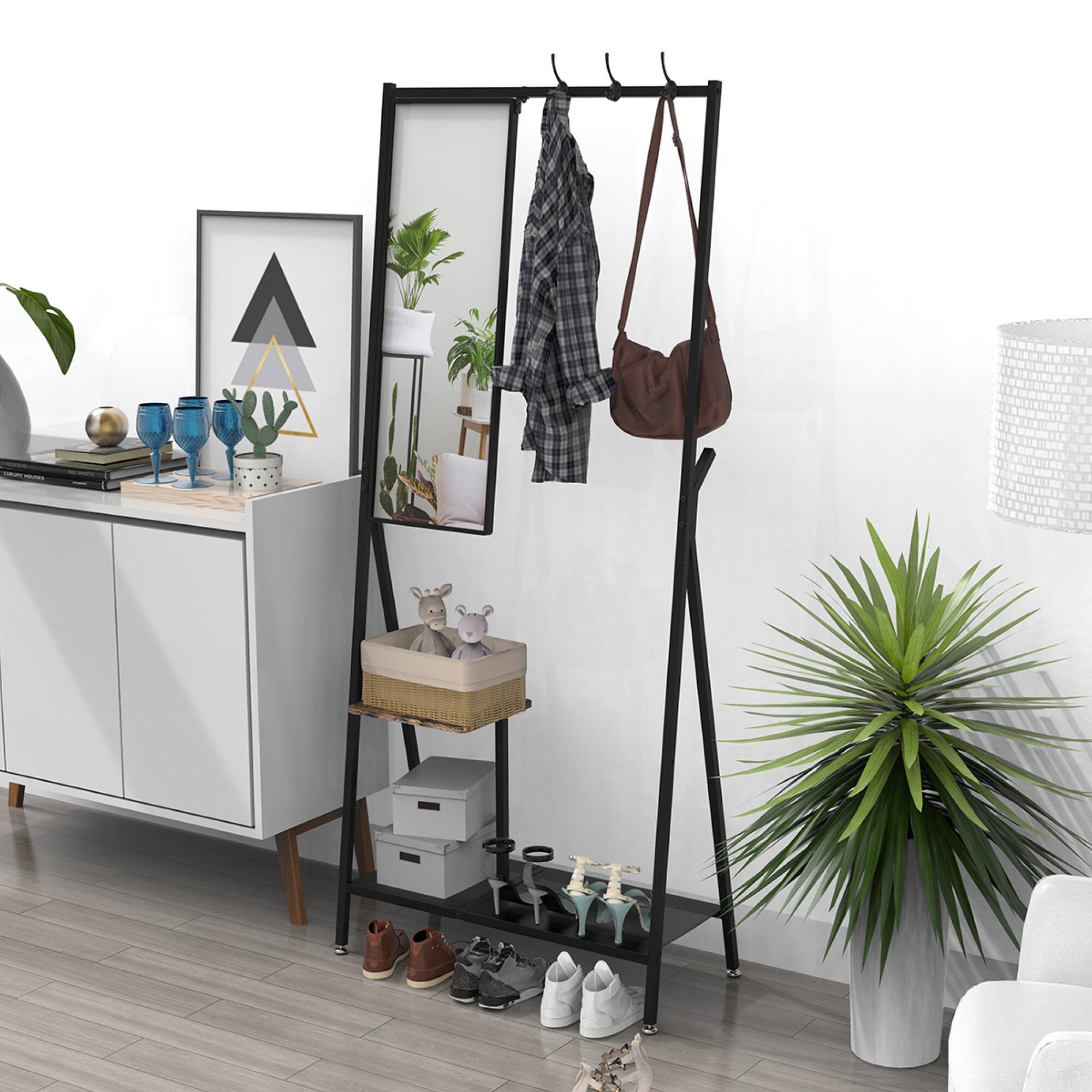 Back. GOODSILO - Multifunctional Wall-Mounted Coat Rack with Integrated Mirror and Shoe Storage for Entryway Organization - Black+Brown.