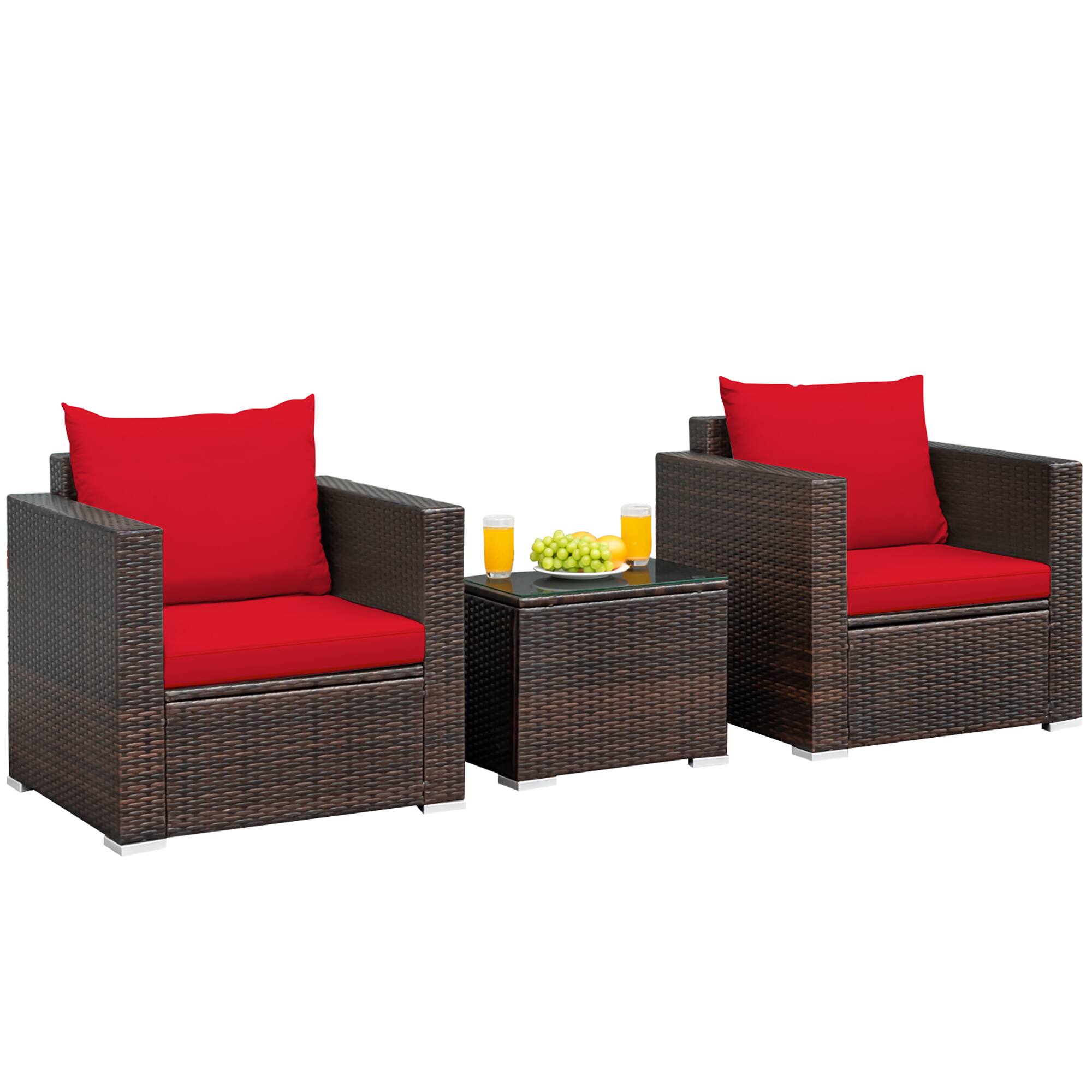 Alt View 9. Costway - Costway 3PCS Patio Rattan Furniture Set Conversation Sofa Cushioned Garden - Red.