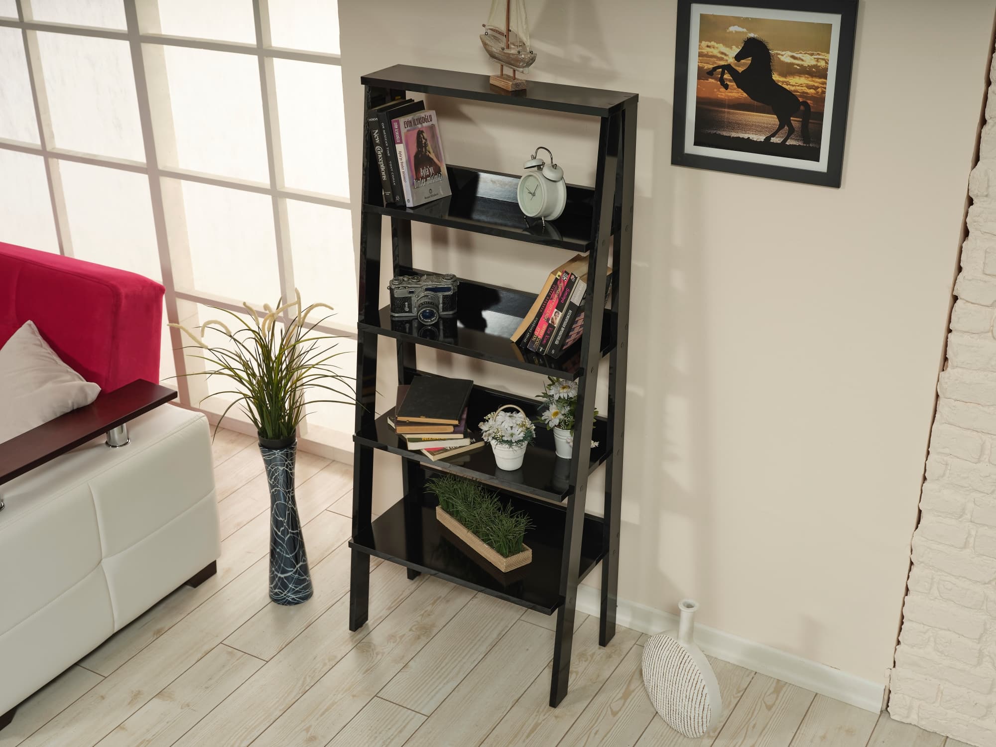 TinyHomie - Furnish Home Store Otavio 5 Tier Modern Ladder Bookshelf Organizers Wood Frame Bookshelf - Black