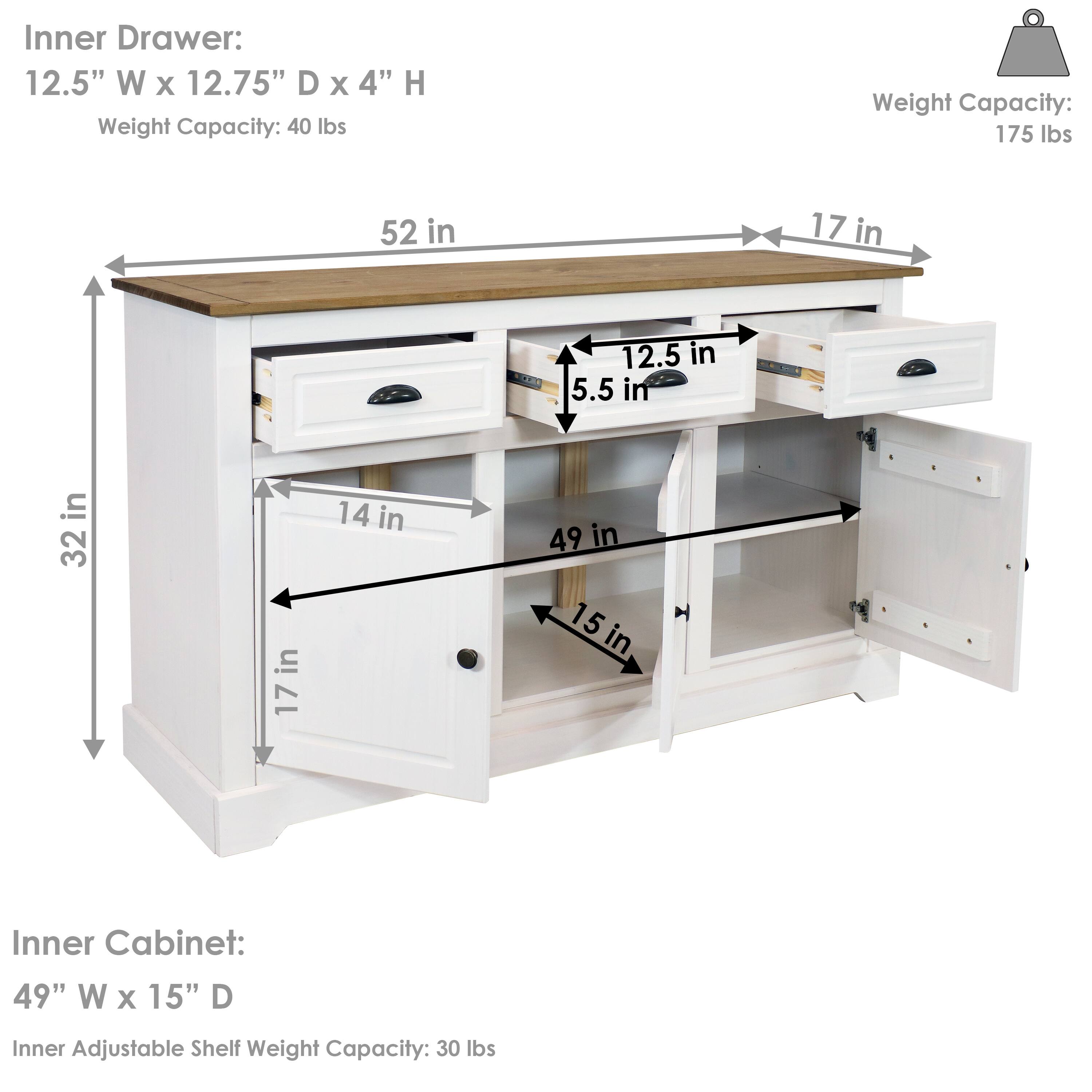 Inner Drawer:
12.5" W x 12.75" D x 4" H
Weight Capacity: 40 lbs

Inner Cabinet:
49" W x 15" D
Inner Adjustable Shelf Weight Capacity: 30 lbs

Weight Capacity: 175 lbs