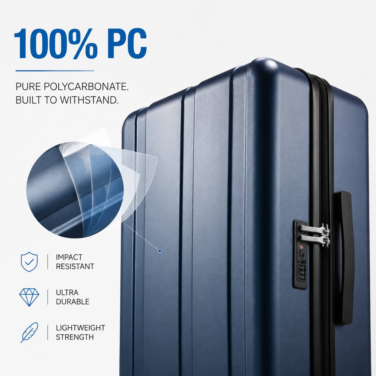 100% PC PURE POLYCARBONATE. BUILT TO WITHSTAND. IMPACT RESISTANT ULTRA DURABLE LIGHTWEIGHT STRENGTH